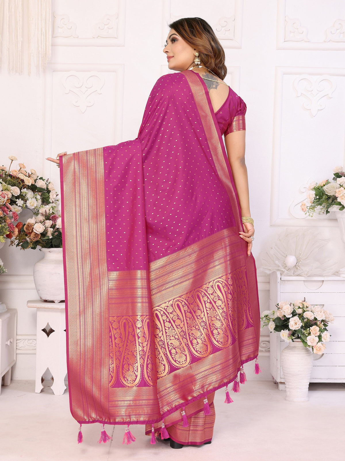 Vedant Vastram Soft Litchi Silk Banarasi Silk Saree - Magenta | Grocsy