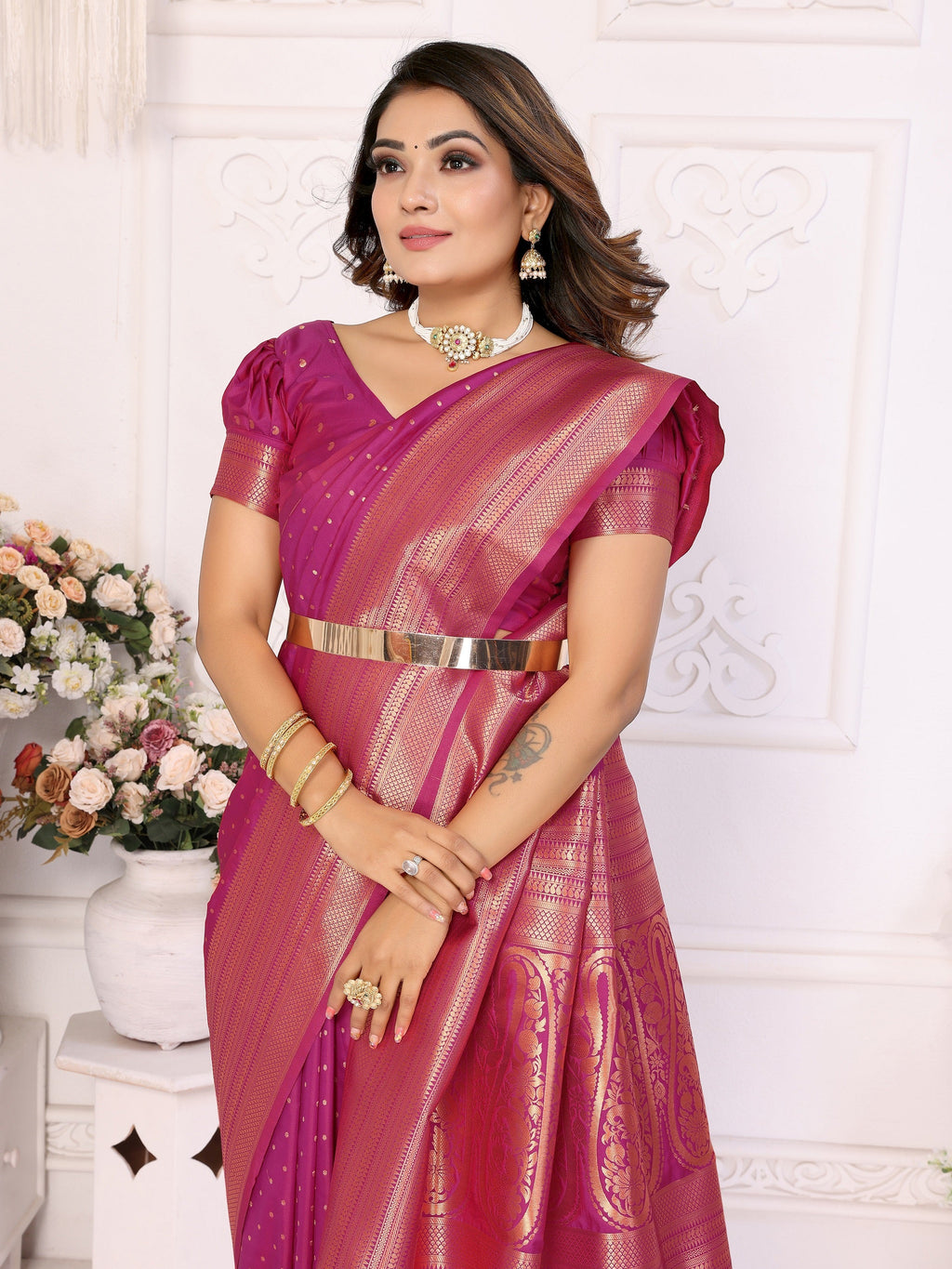Vedant Vastram Soft Litchi Silk Banarasi Silk Saree - Magenta | Grocsy