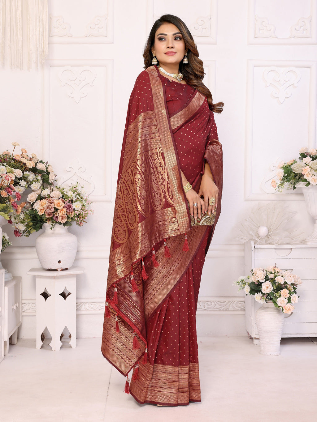 Vedant Vastram Soft Litchi Silk Banarasi Silk Saree - Maroon | Grocsy