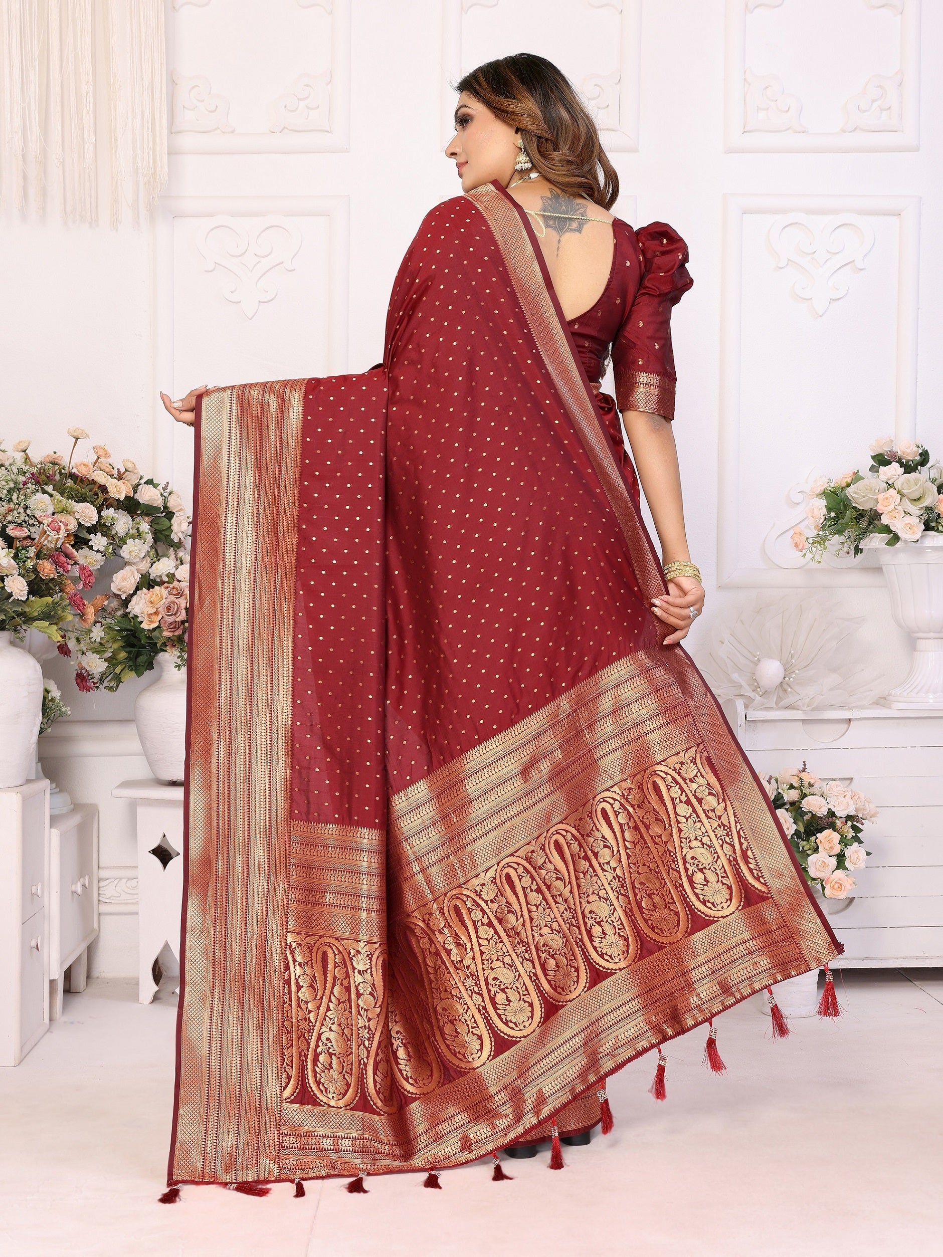 Vedant Vastram Soft Litchi Silk Banarasi Silk Saree - Maroon | Grocsy
