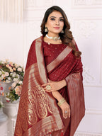 Vedant Vastram Soft Litchi Silk Banarasi Silk Saree - Maroon | Grocsy