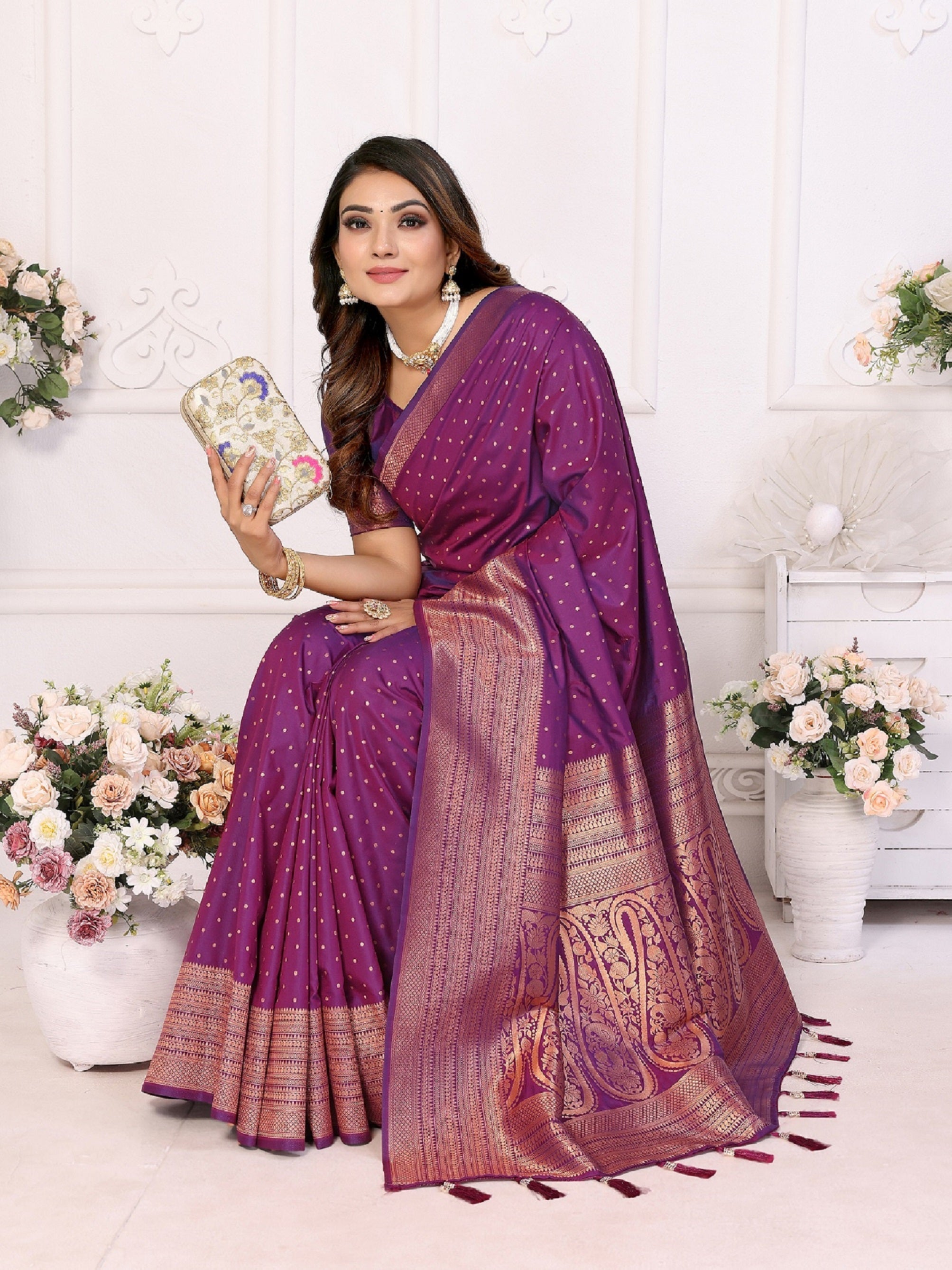 Vedant Vastram Soft Litchi Silk Banarasi Silk Saree - Purple | Grocsy