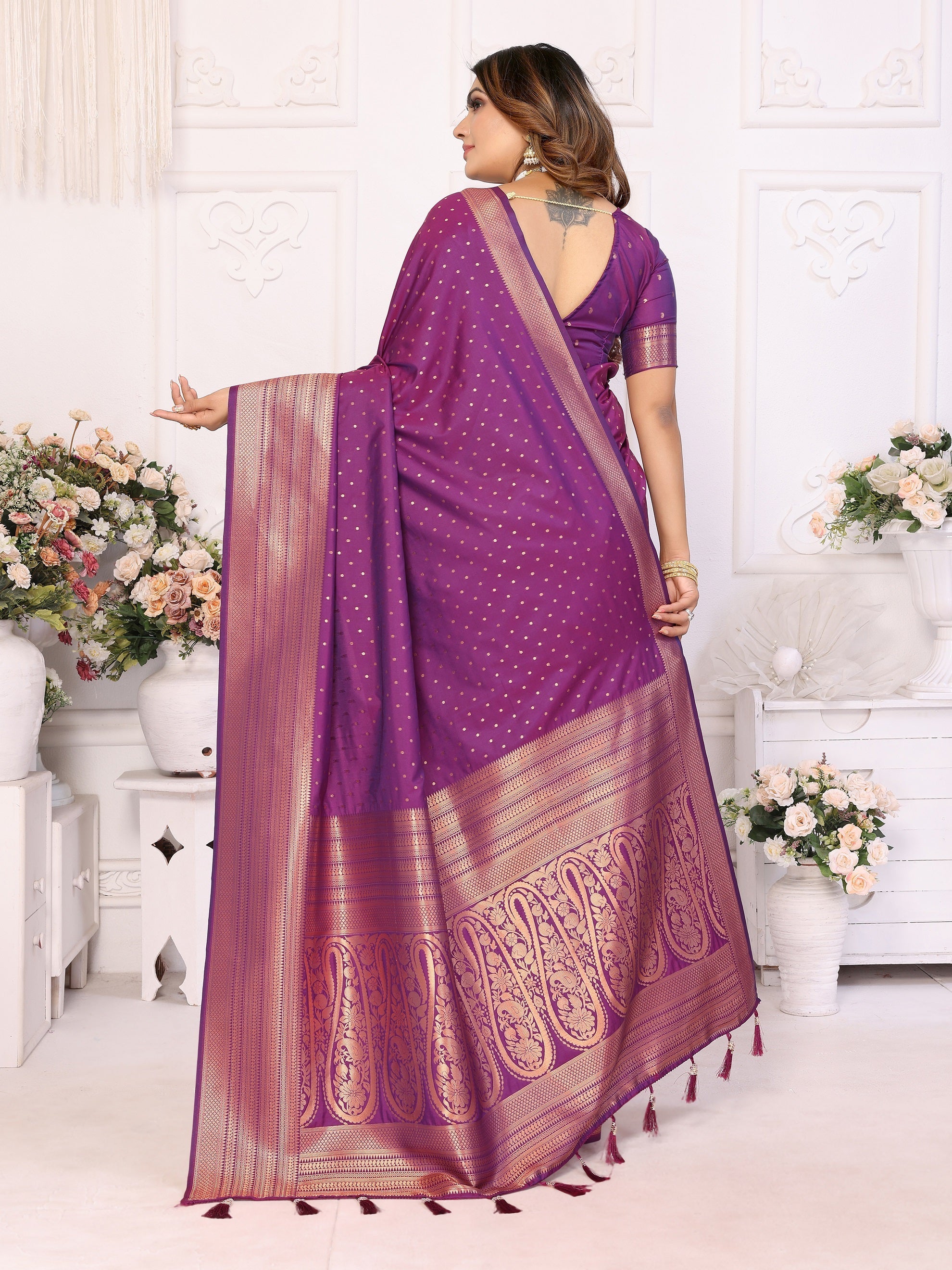 Vedant Vastram Soft Litchi Silk Banarasi Silk Saree - Purple | Grocsy