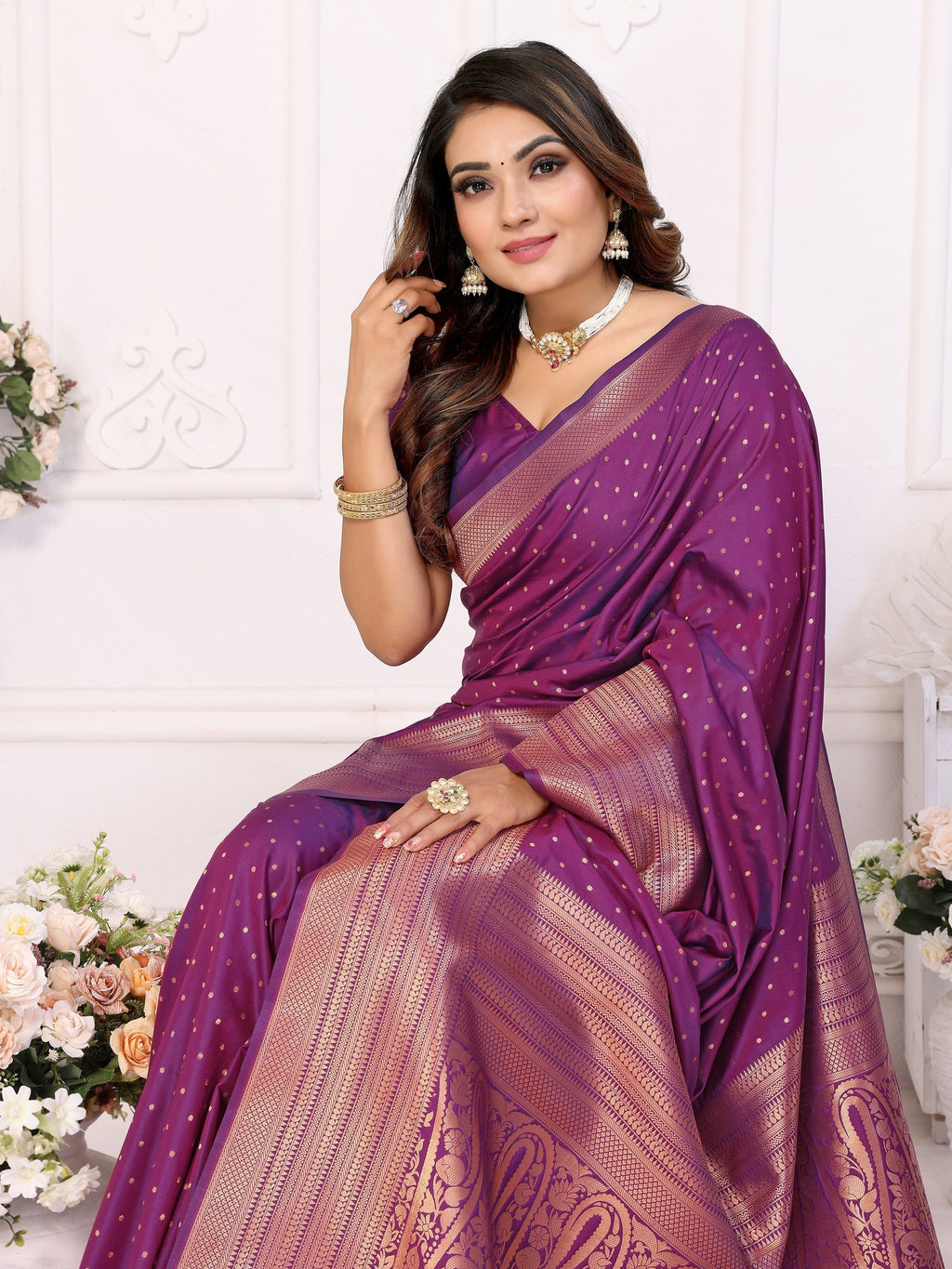 Vedant Vastram Soft Litchi Silk Banarasi Silk Saree - Purple | Grocsy