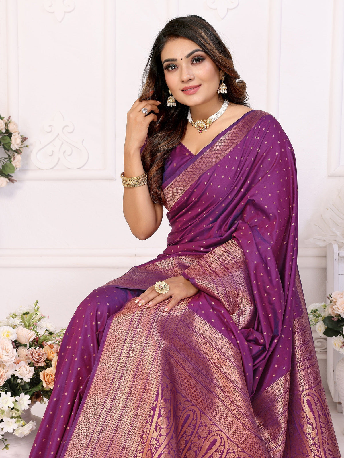 Vedant Vastram Soft Litchi Silk Banarasi Silk Saree - Purple | Grocsy