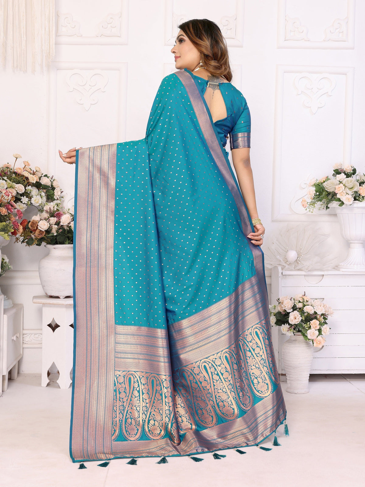 Vedant Vastram Soft Litchi Silk Banarasi Silk Saree - Rama | Grocsy