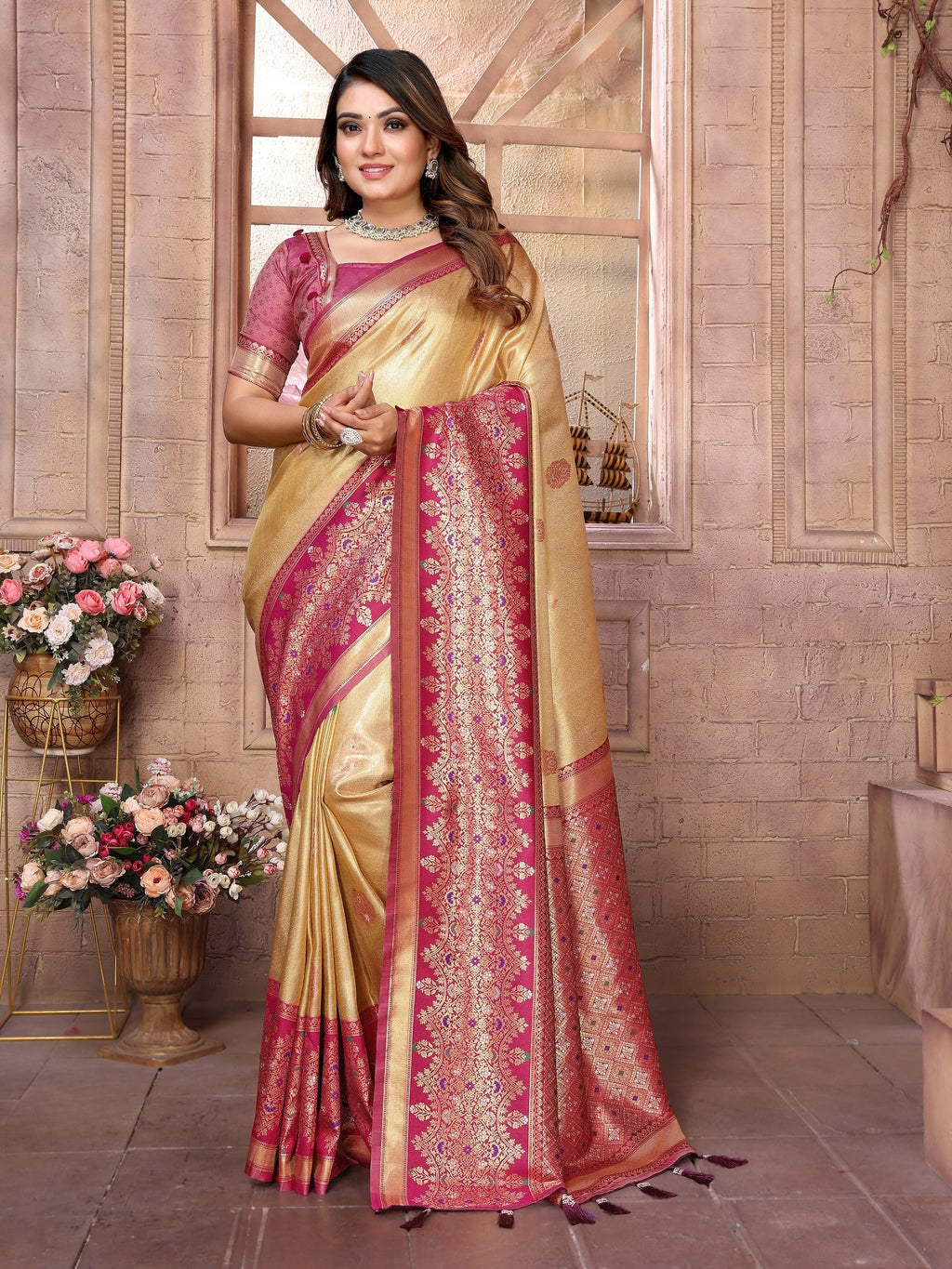 Vedant Vastram Tissue Silk Kanjeevaram Silk Saree - Beige | Grocsy