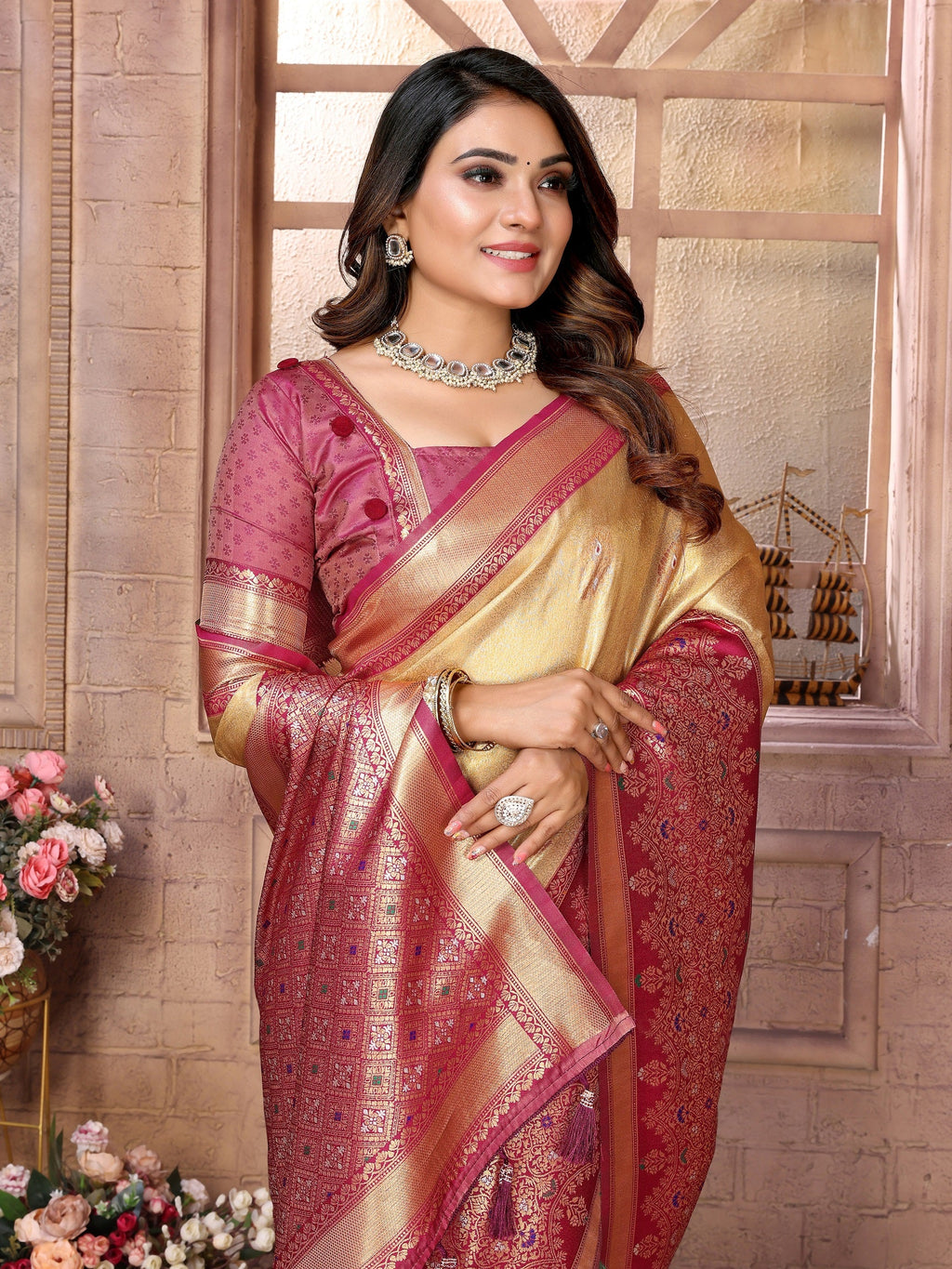 Vedant Vastram Tissue Silk Kanjeevaram Silk Saree - Beige | Grocsy