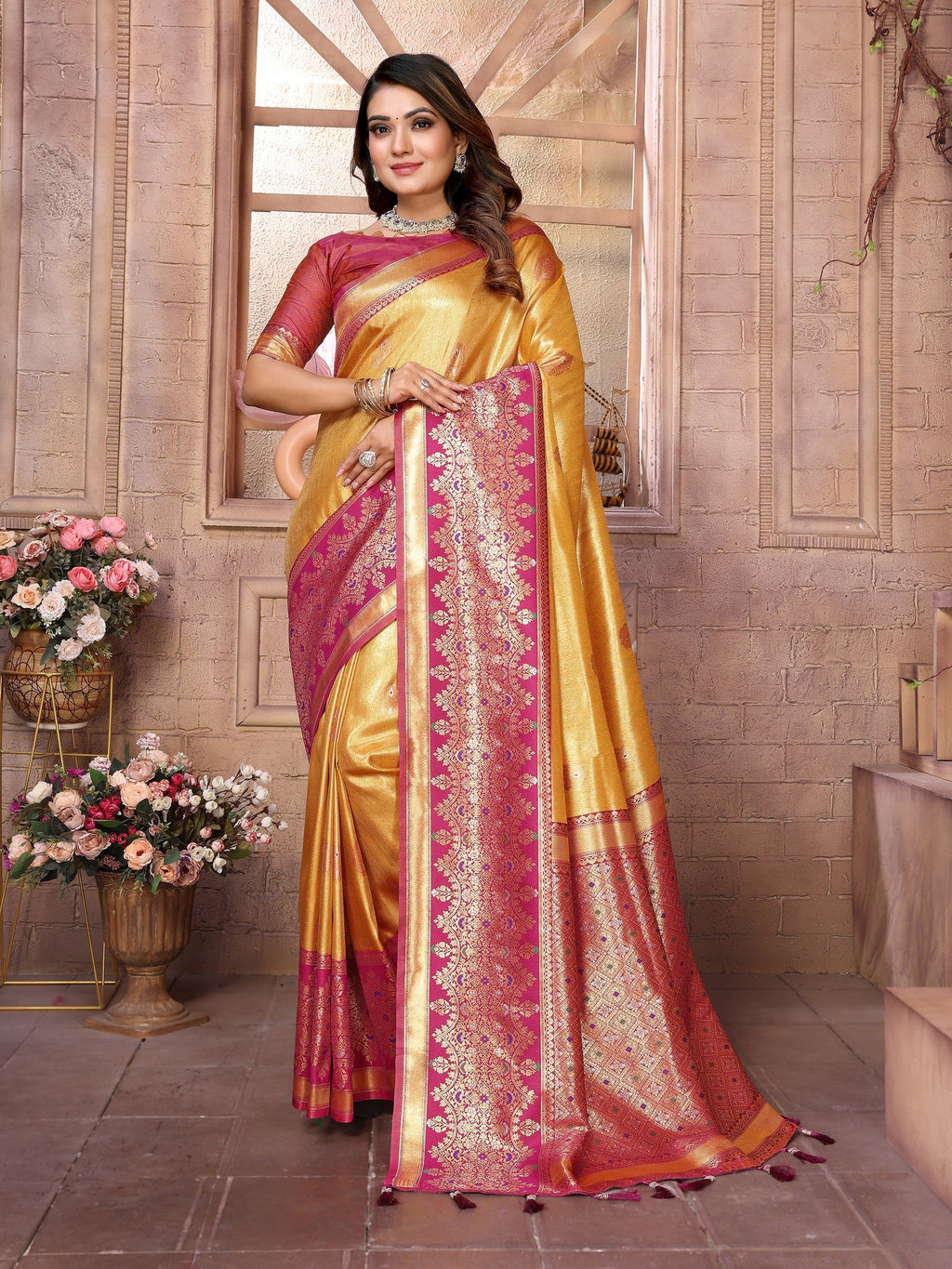 Vedant Vastram Tissue Silk Kanjeevaram Silk Saree - Mustard | Grocsy