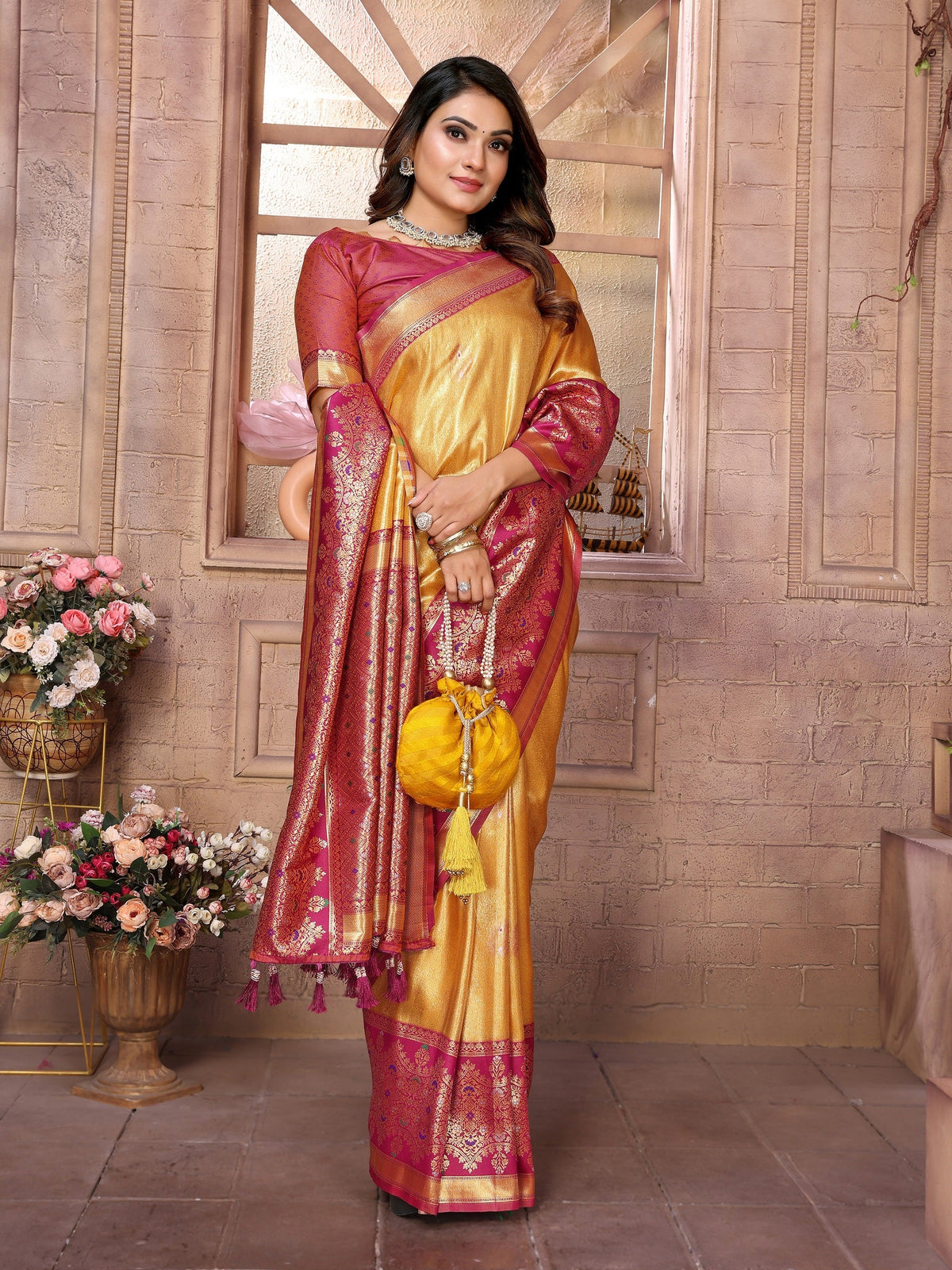 Vedant Vastram Tissue Silk Kanjeevaram Silk Saree - Mustard | Grocsy