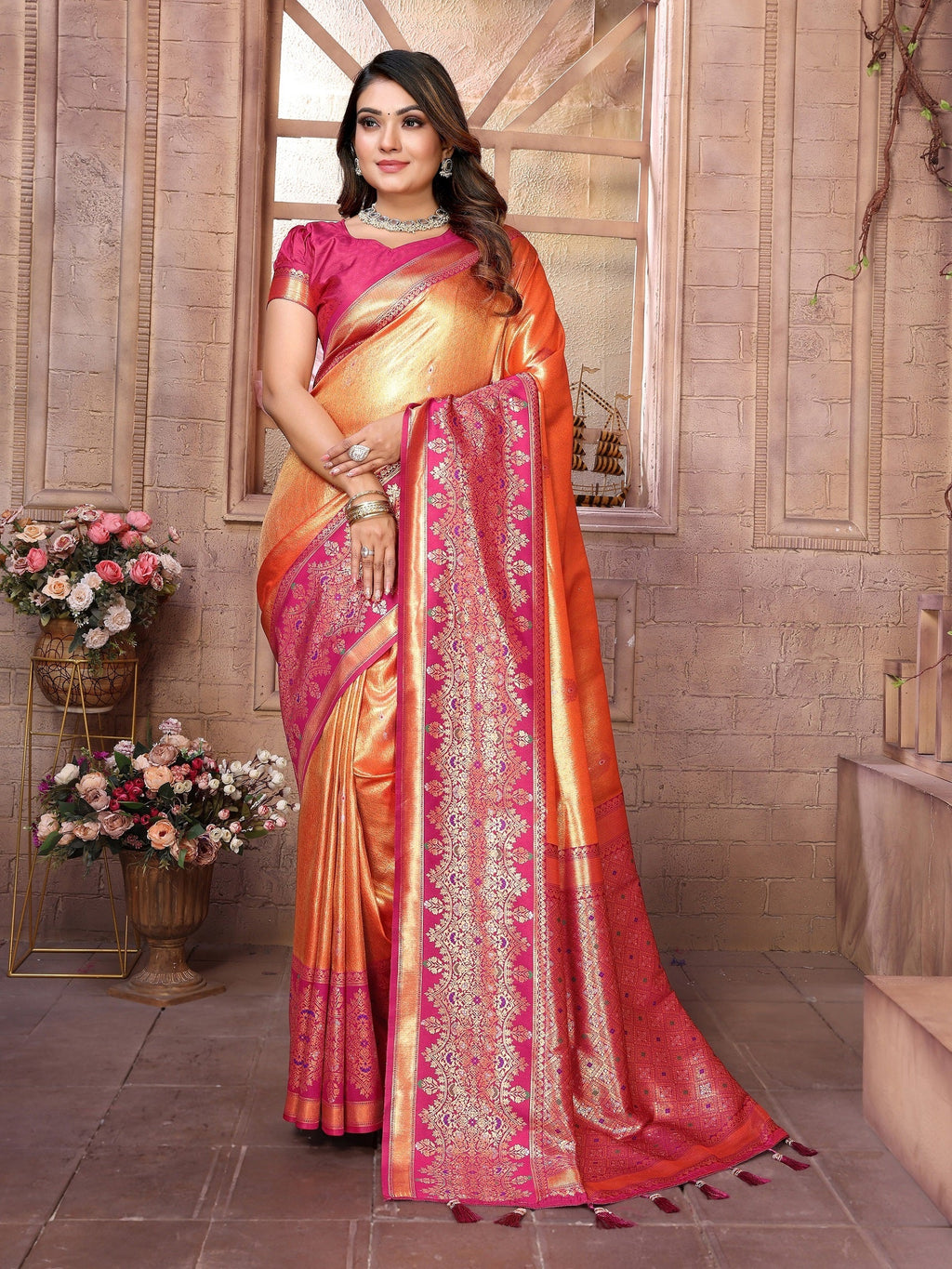 Vedant Vastram Tissue Silk Kanjeevaram Silk Saree - Orange | Grocsy