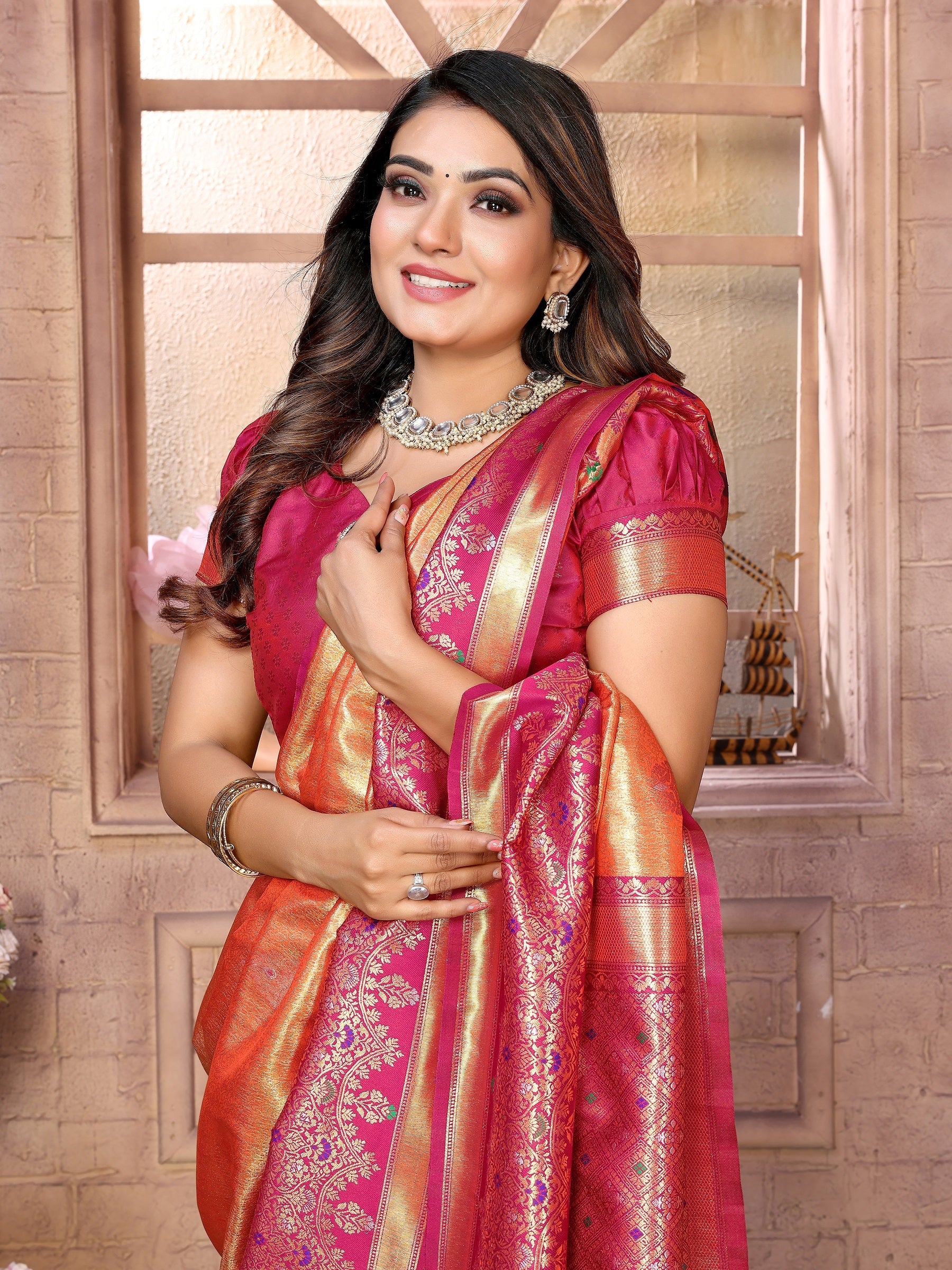 Vedant Vastram Tissue Silk Kanjeevaram Silk Saree - Orange | Grocsy
