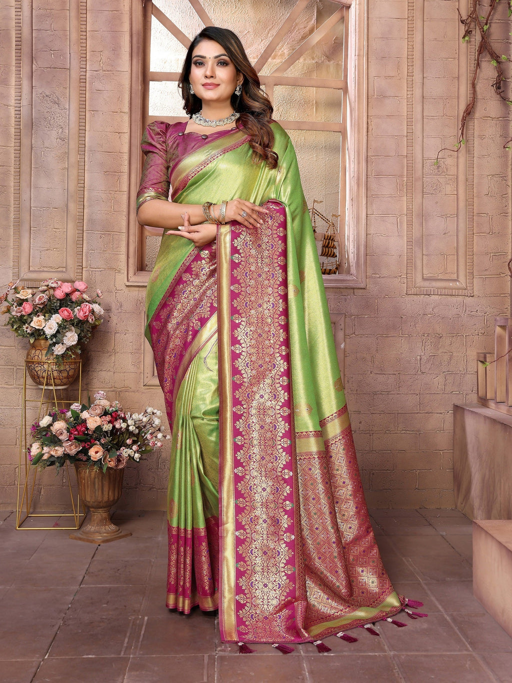 Vedant Vastram Tissue Silk Kanjeevaram Silk Saree - Parrot | Grocsy