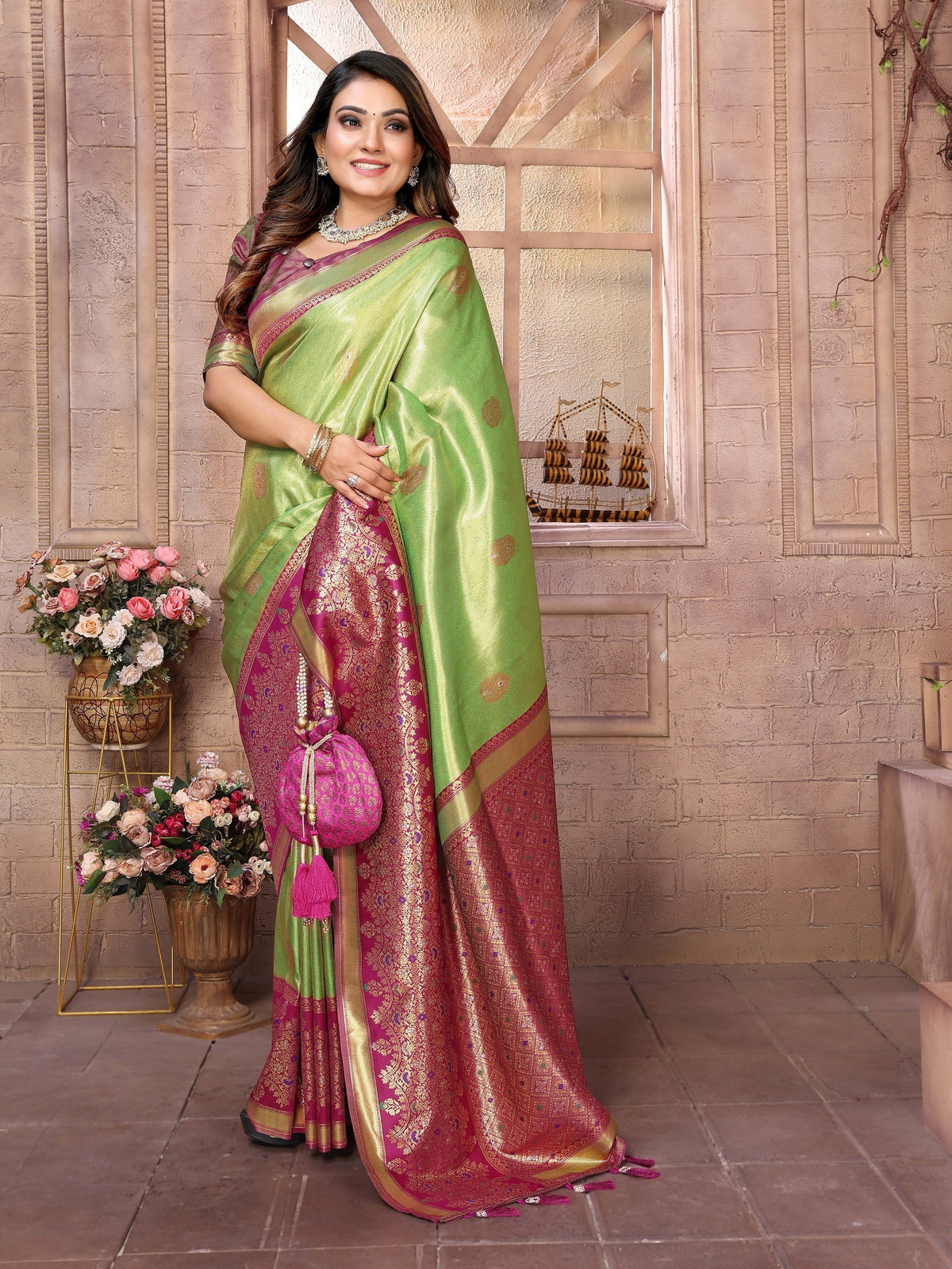 Vedant Vastram Tissue Silk Kanjeevaram Silk Saree - Parrot | Grocsy