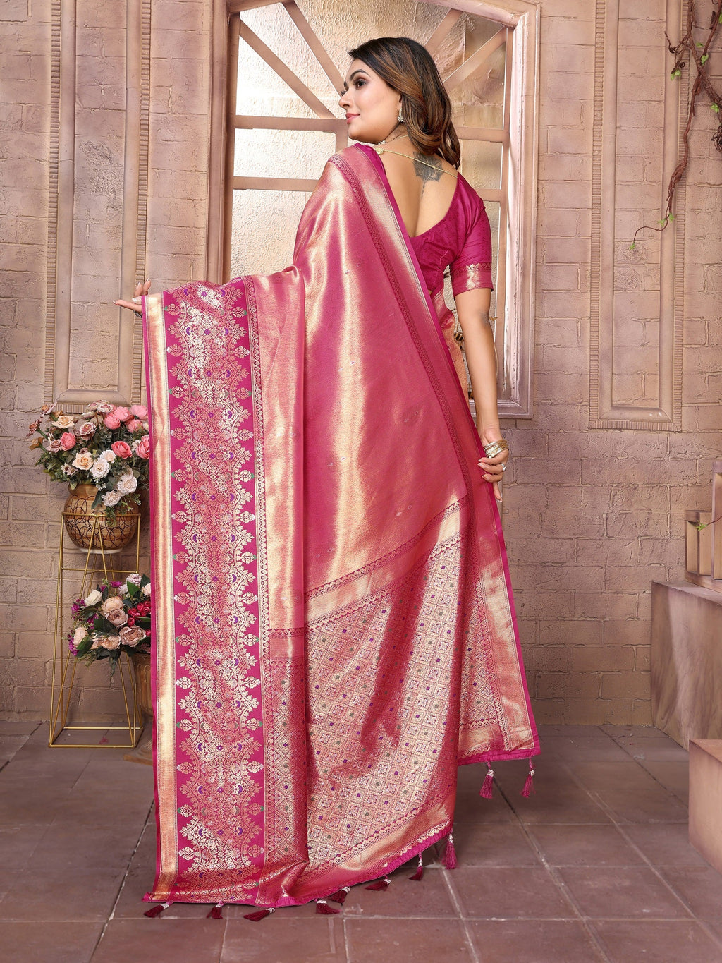 Vedant Vastram Tissue Silk Kanjeevaram Silk Saree - Pink | Grocsy