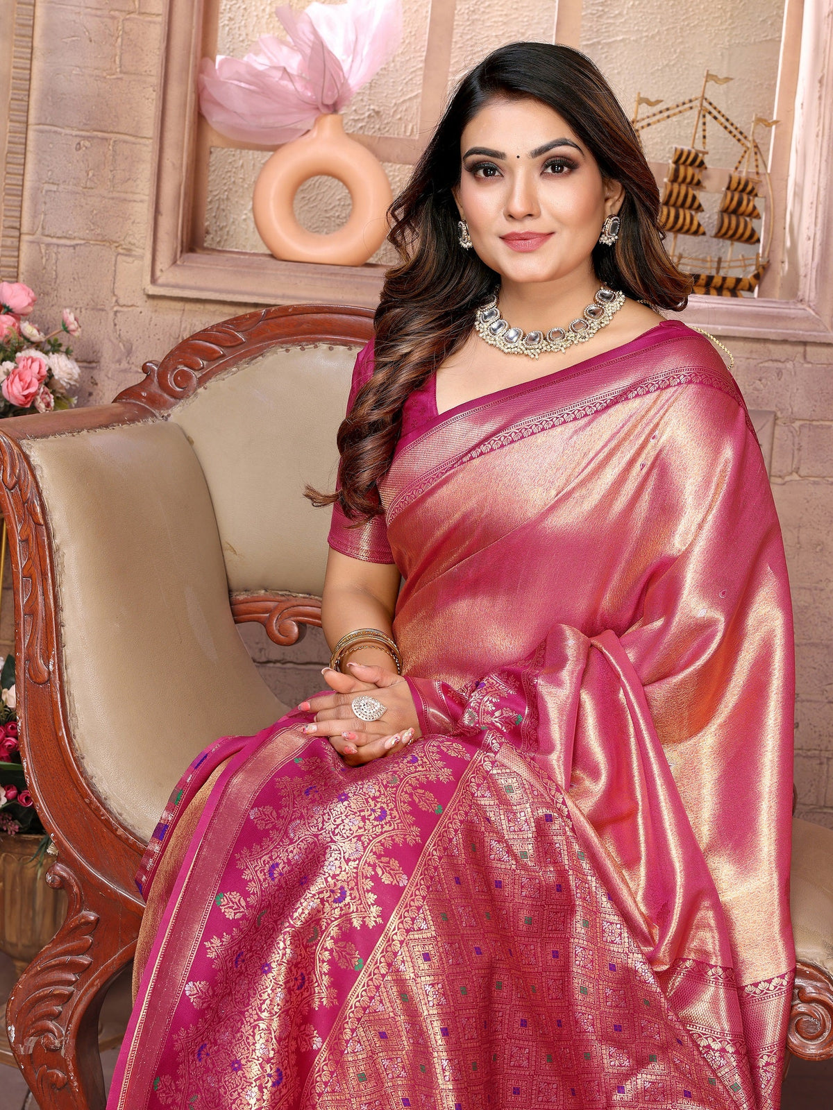 Vedant Vastram Tissue Silk Kanjeevaram Silk Saree - Pink | Grocsy