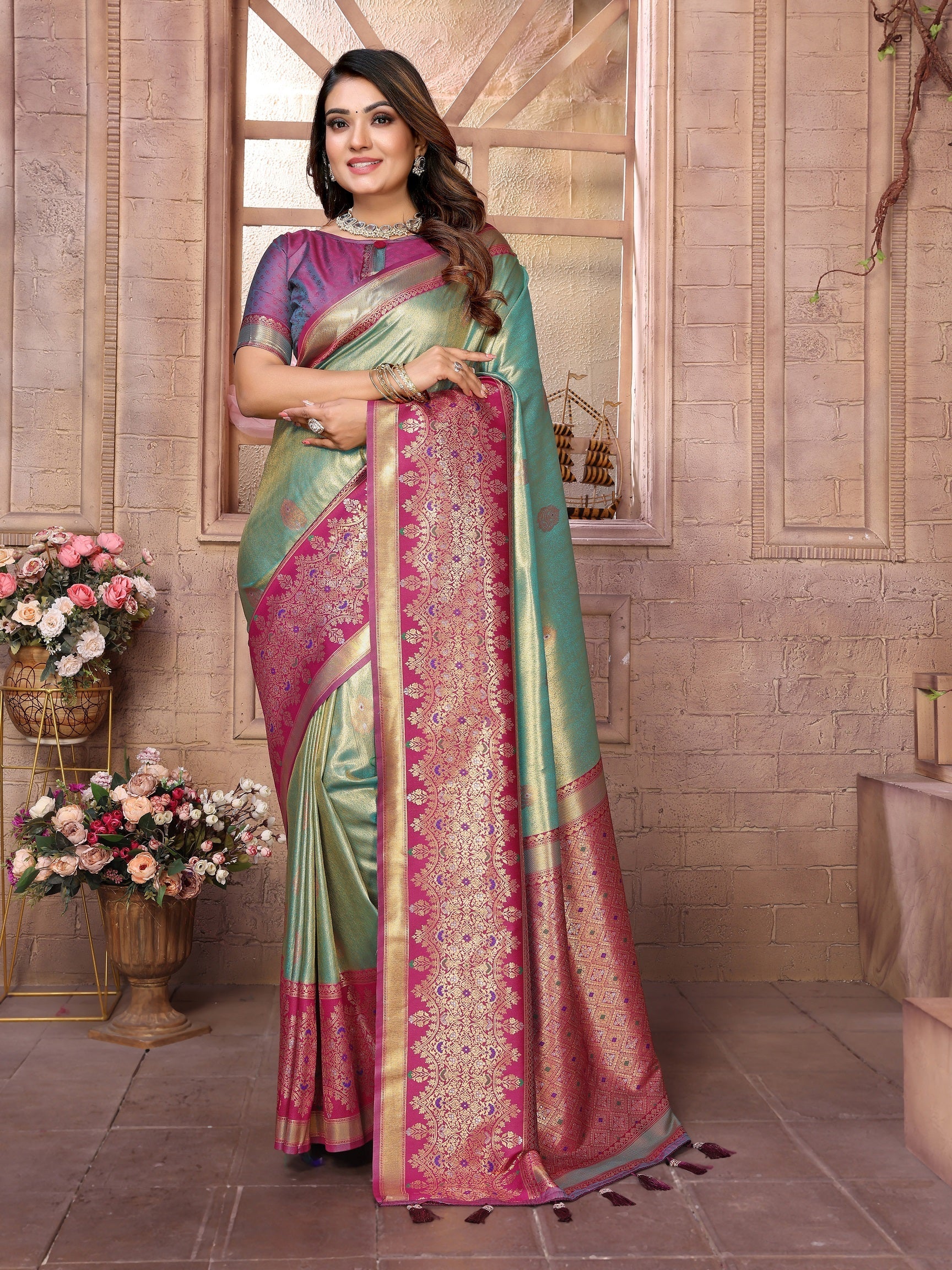 Vedant Vastram Tissue Silk Kanjeevaram Silk Saree - Pista | Grocsy