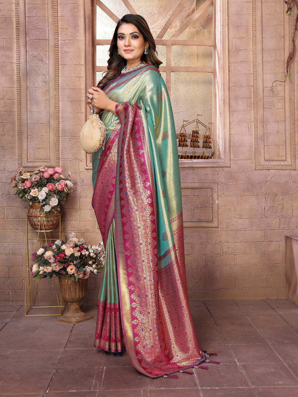 Vedant Vastram Tissue Silk Kanjeevaram Silk Saree - Pista | Grocsy