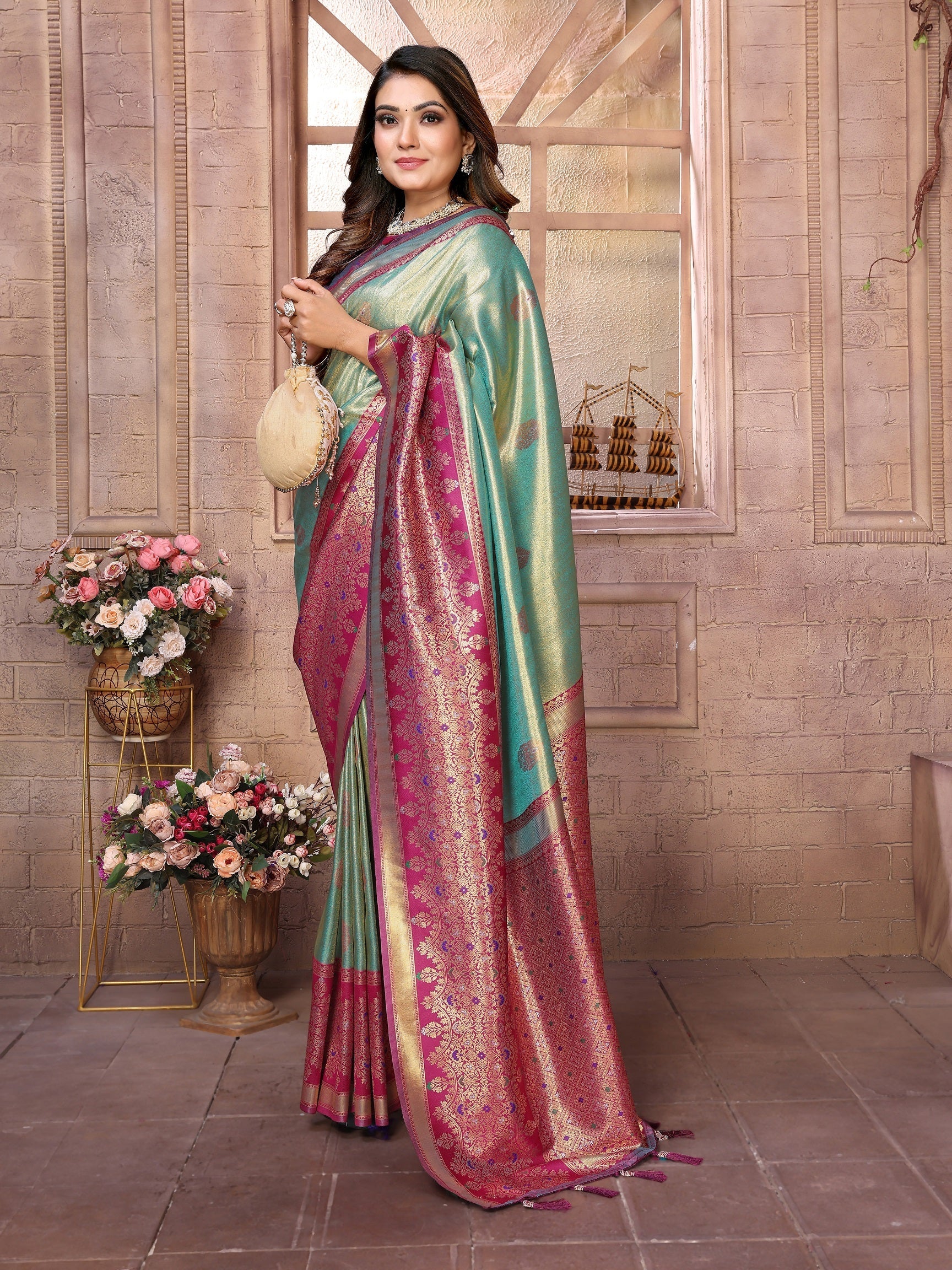 Vedant Vastram Tissue Silk Kanjeevaram Silk Saree - Pista | Grocsy