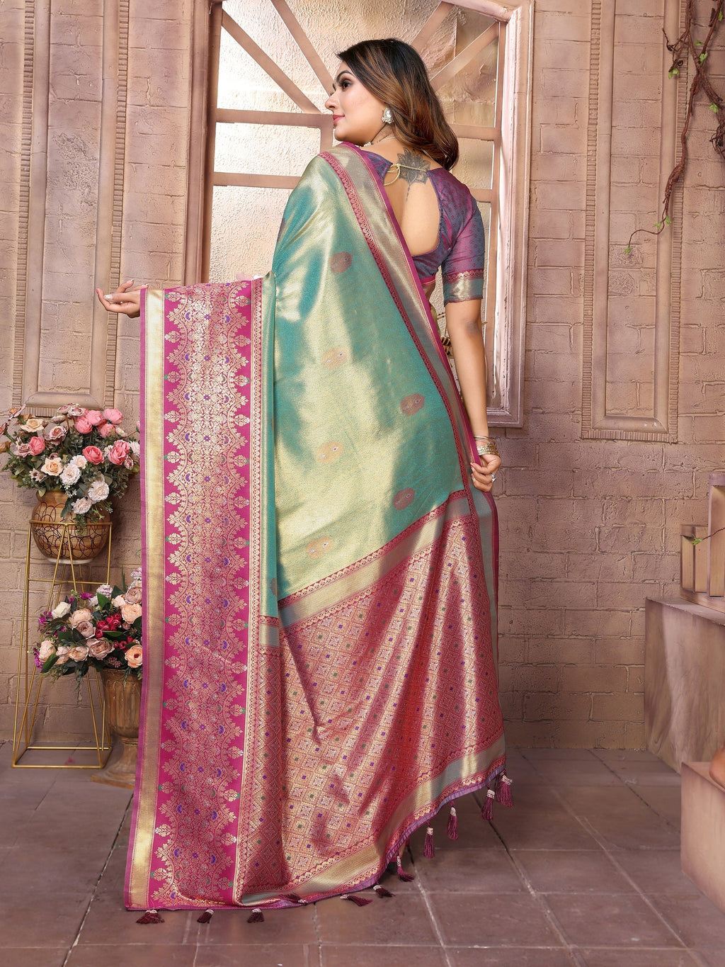 Vedant Vastram Tissue Silk Kanjeevaram Silk Saree - Pista | Grocsy