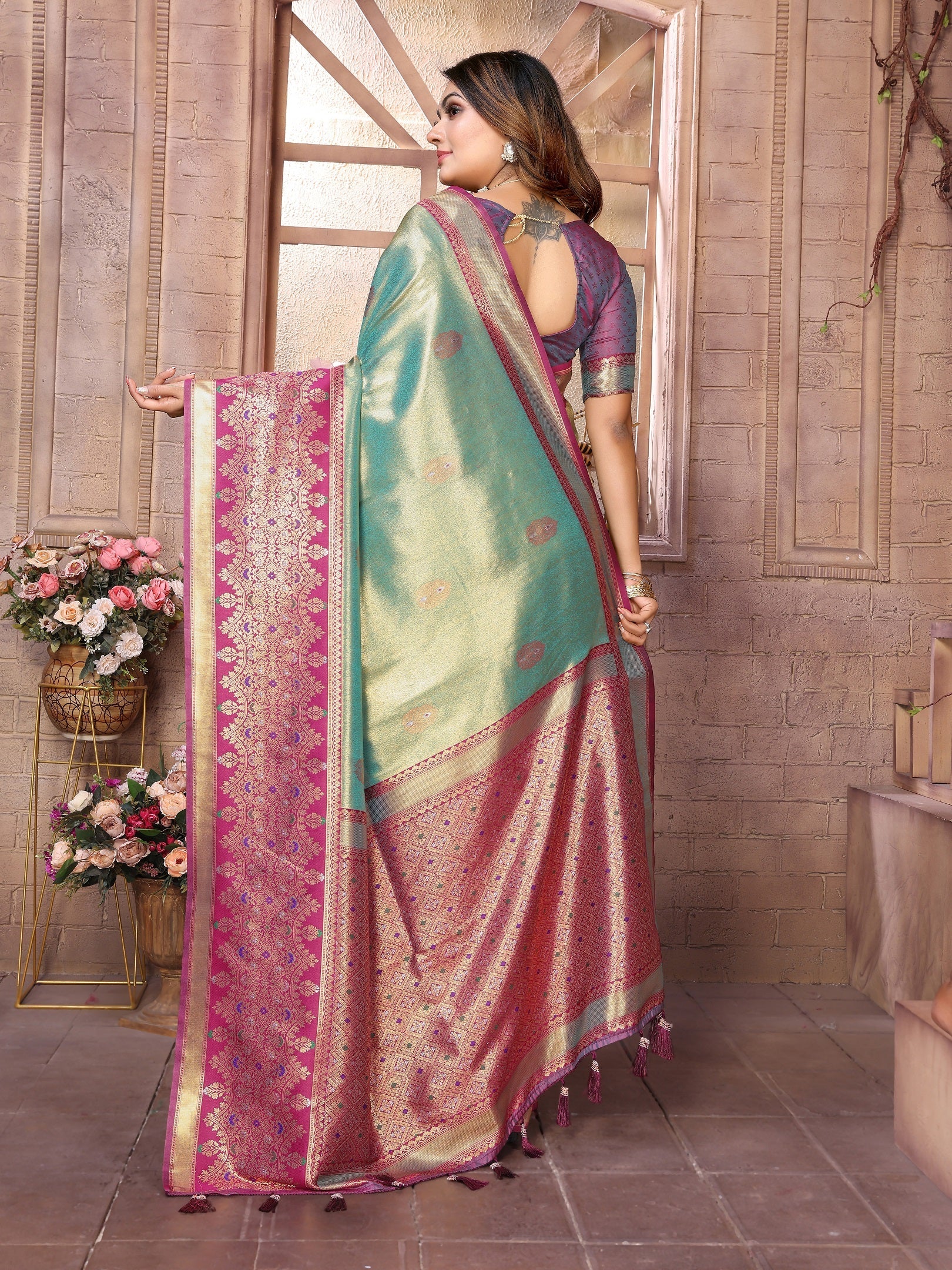 Vedant Vastram Tissue Silk Kanjeevaram Silk Saree - Pista | Grocsy