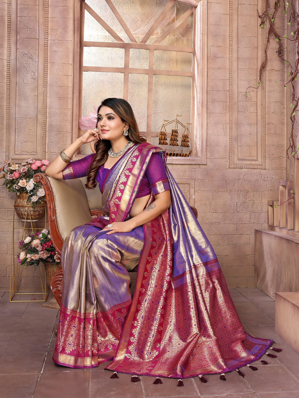Vedant Vastram Tissue Silk Kanjeevaram Silk Saree - Sky Blue | Grocsy
