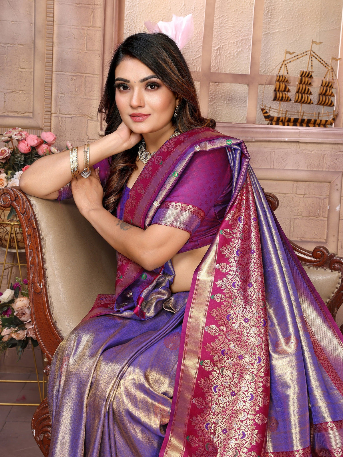 Vedant Vastram Tissue Silk Kanjeevaram Silk Saree - Sky Blue | Grocsy