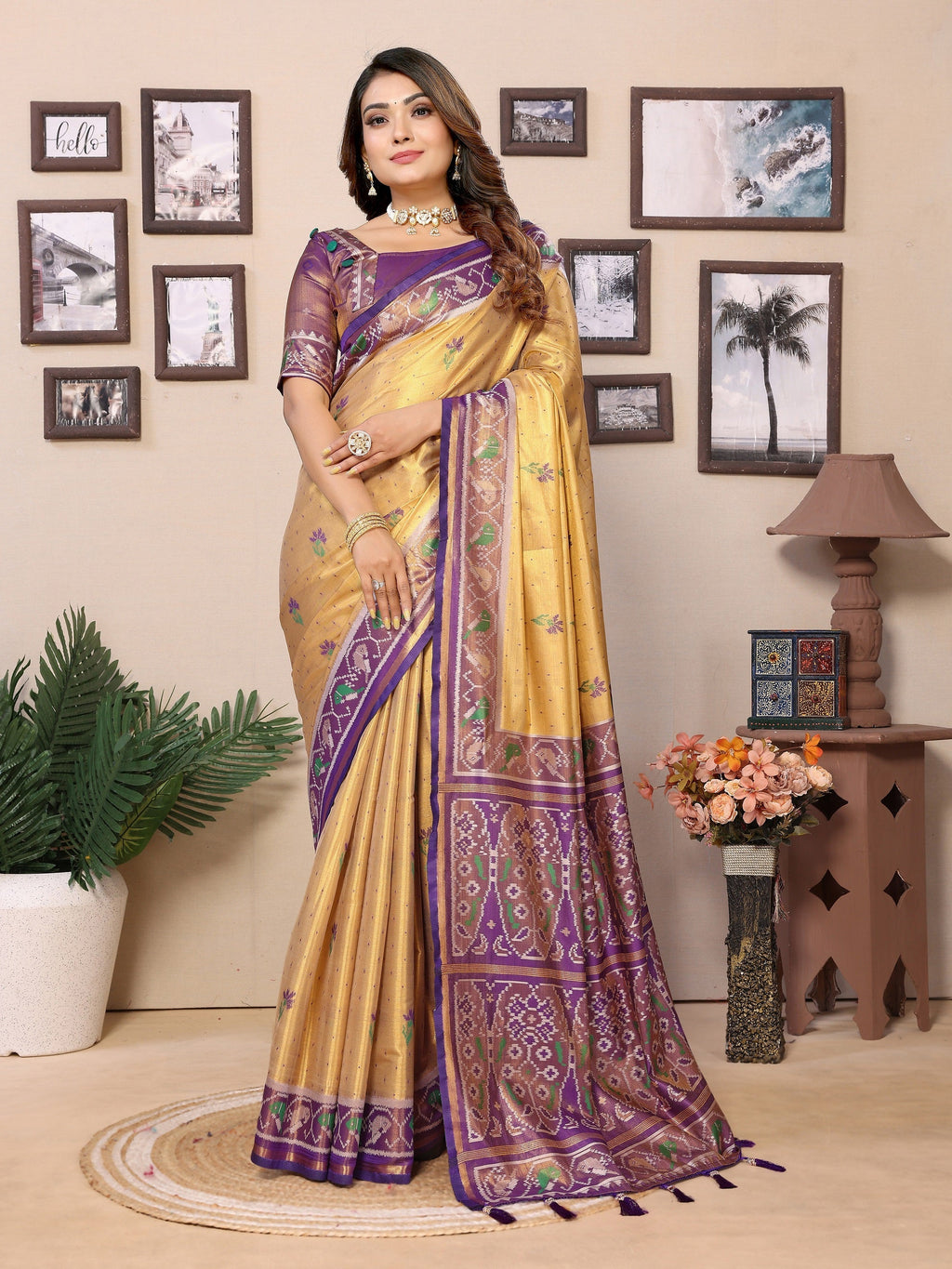 Vedant Vastram Tissue Silk Patola Design Kanjeevaram Silk Saree - Beige | Grocsy