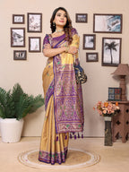 Vedant Vastram Tissue Silk Patola Design Kanjeevaram Silk Saree - Beige | Grocsy