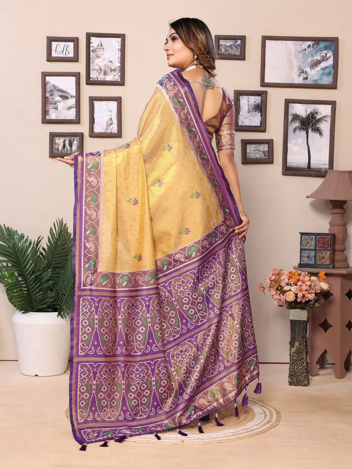 Vedant Vastram Tissue Silk Patola Design Kanjeevaram Silk Saree - Beige | Grocsy