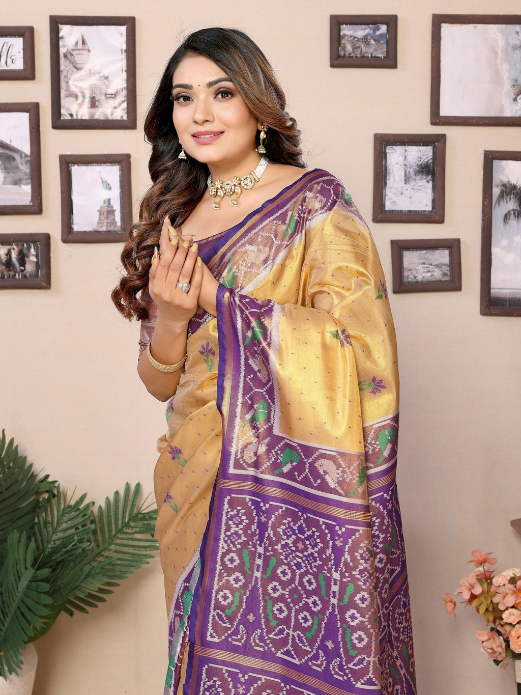 Vedant Vastram Tissue Silk Patola Design Kanjeevaram Silk Saree - Beige | Grocsy