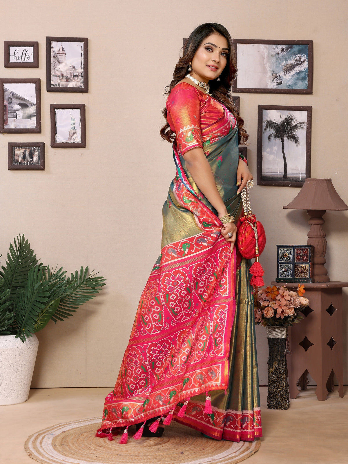 Vedant Vastram Tissue Silk Patola Design Kanjeevaram Silk Saree - Mahendi | Grocsy