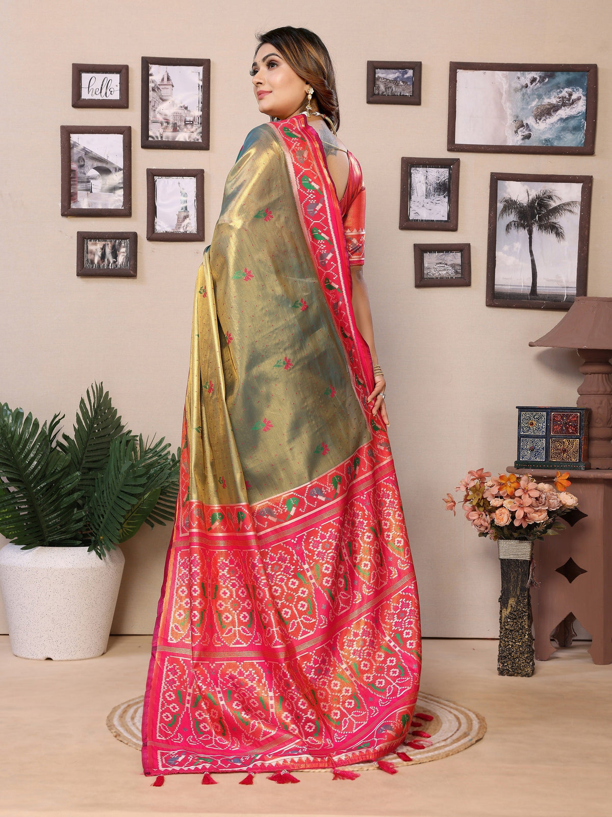 Vedant Vastram Tissue Silk Patola Design Kanjeevaram Silk Saree - Mahendi | Grocsy