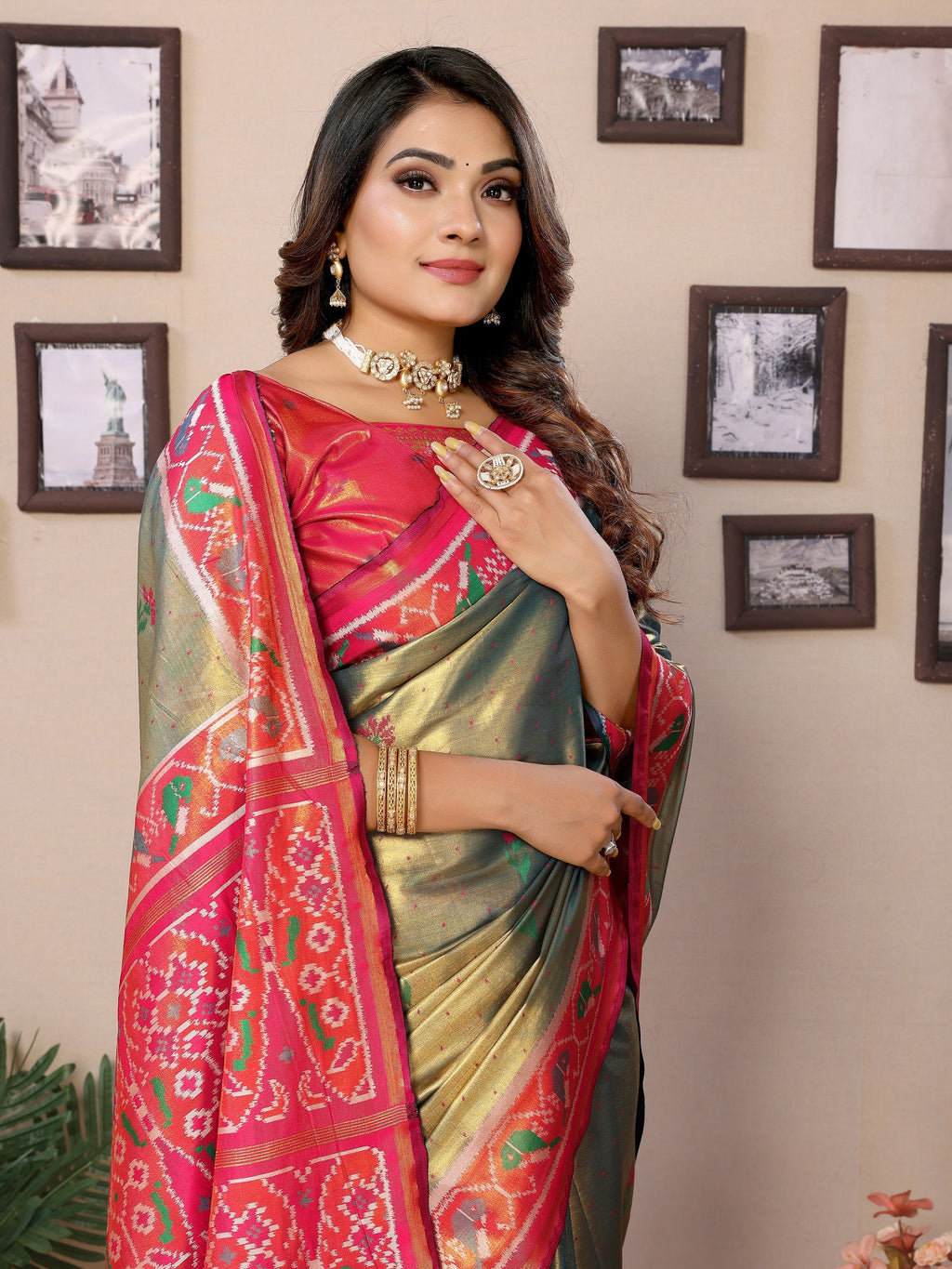 Vedant Vastram Tissue Silk Patola Design Kanjeevaram Silk Saree - Mahendi | Grocsy