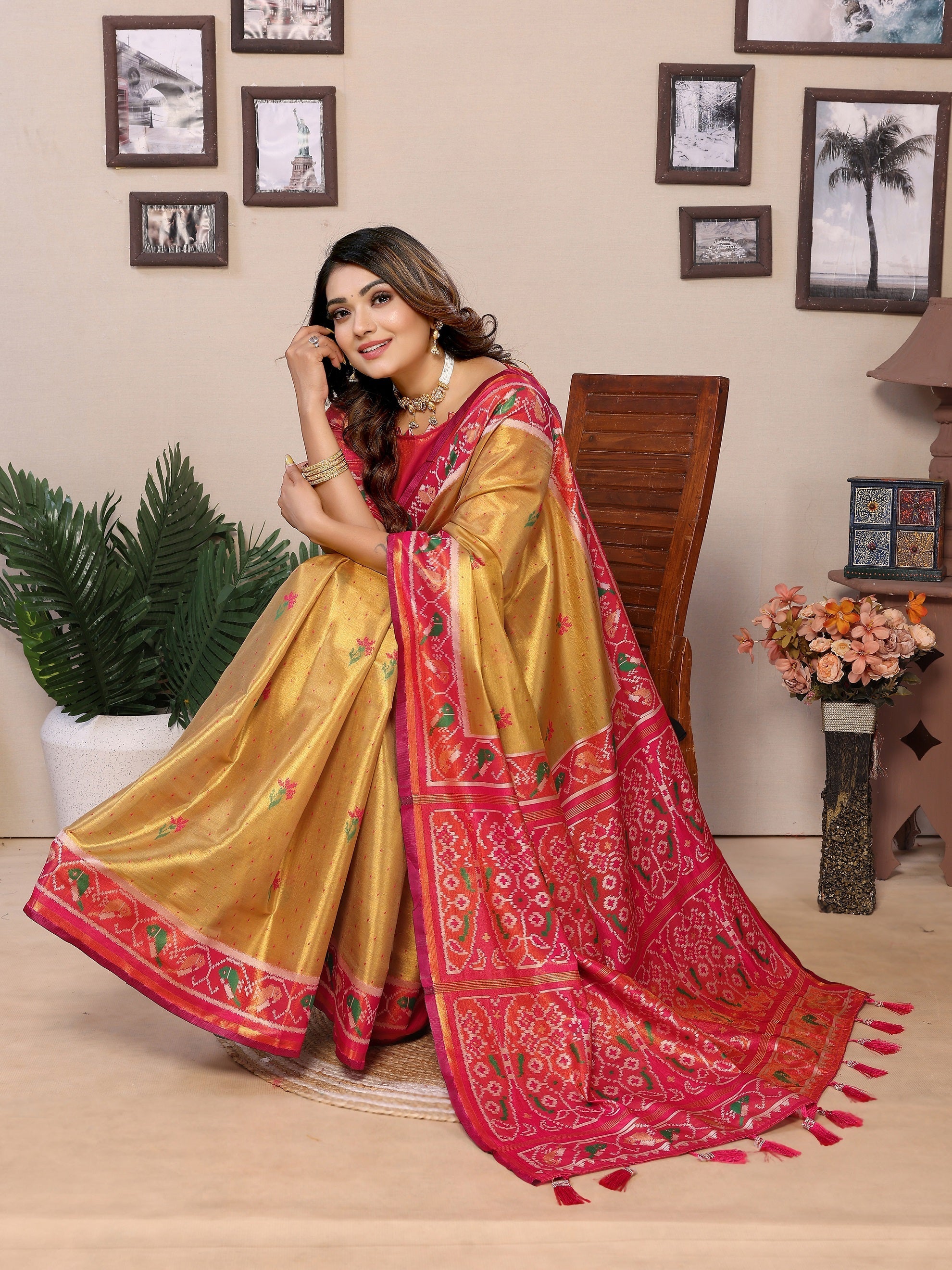 Vedant Vastram Tissue Silk Patola Design Kanjeevaram Silk Saree - Mustard | Grocsy