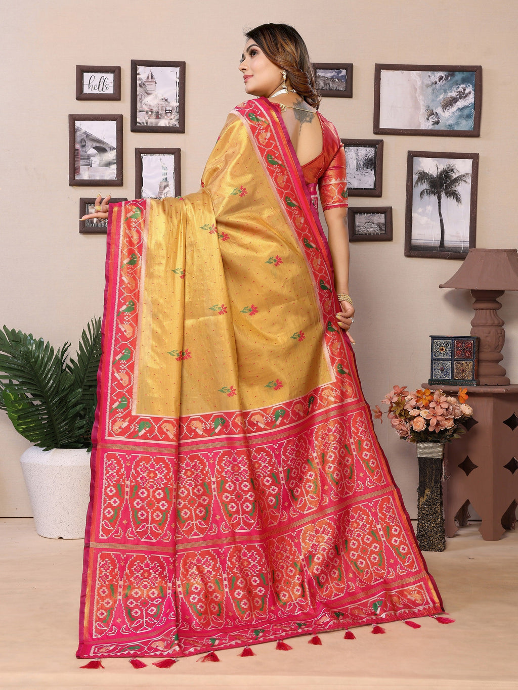 Vedant Vastram Tissue Silk Patola Design Kanjeevaram Silk Saree - Mustard | Grocsy