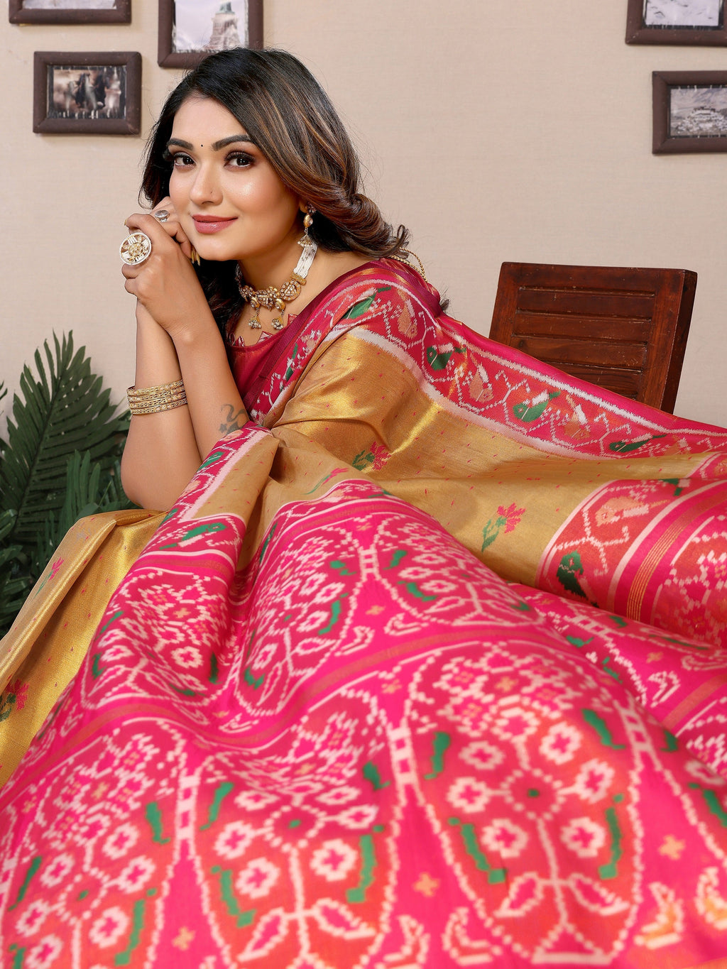 Vedant Vastram Tissue Silk Patola Design Kanjeevaram Silk Saree - Mustard | Grocsy