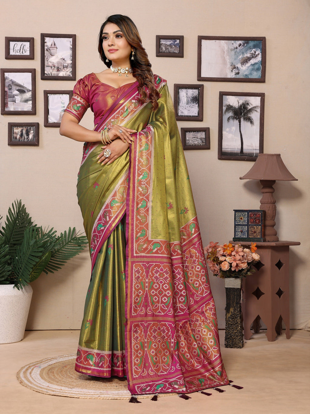Vedant Vastram Tissue Silk Patola Design Kanjeevaram Silk Saree - Olive | Grocsy