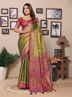 Vedant Vastram Tissue Silk Patola Design Kanjeevaram Silk Saree - Olive | Grocsy
