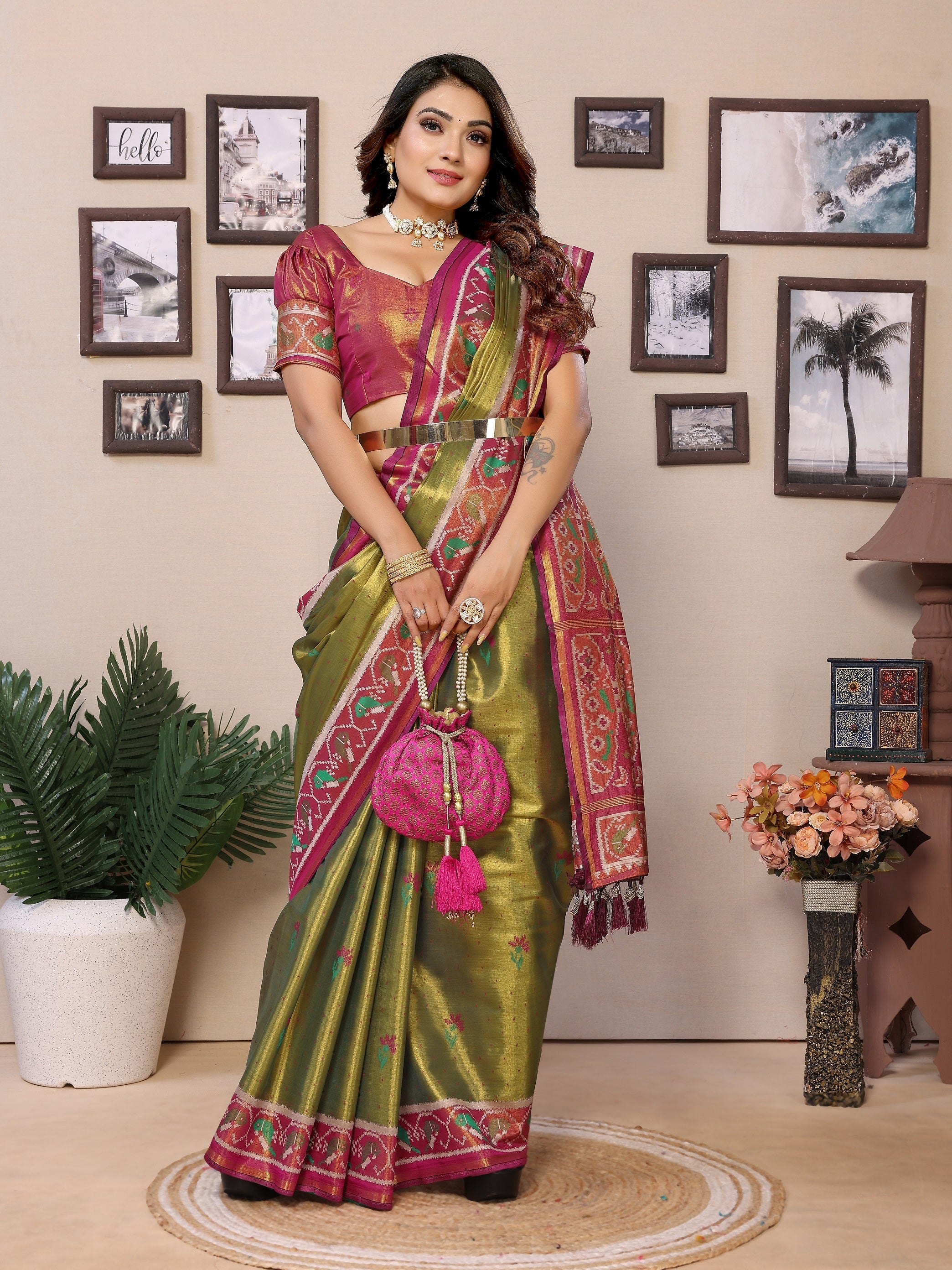 Vedant Vastram Tissue Silk Patola Design Kanjeevaram Silk Saree - Olive | Grocsy