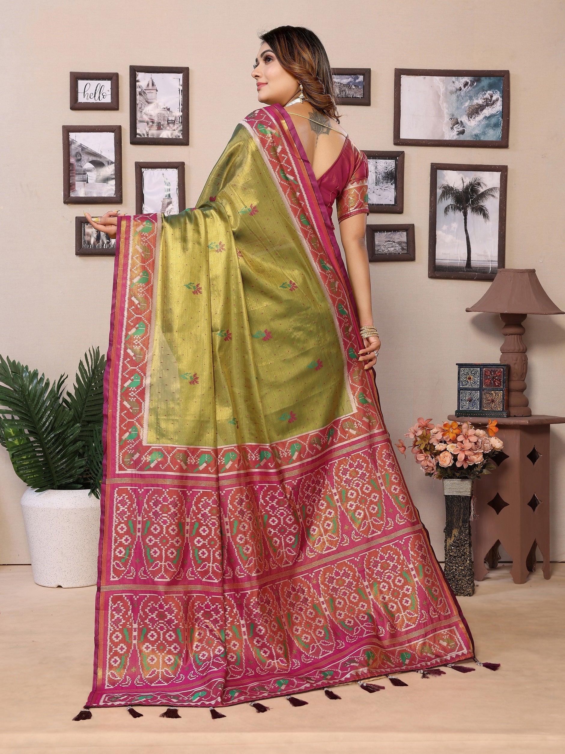 Vedant Vastram Tissue Silk Patola Design Kanjeevaram Silk Saree - Olive | Grocsy
