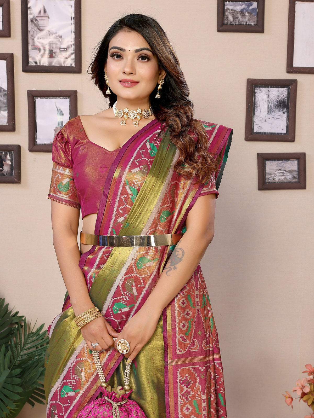 Vedant Vastram Tissue Silk Patola Design Kanjeevaram Silk Saree - Olive | Grocsy
