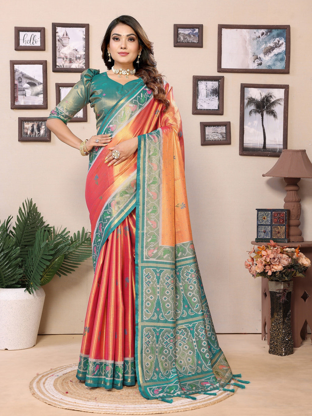 Vedant Vastram Tissue Silk Patola Design Kanjeevaram Silk Saree - Orange | Grocsy