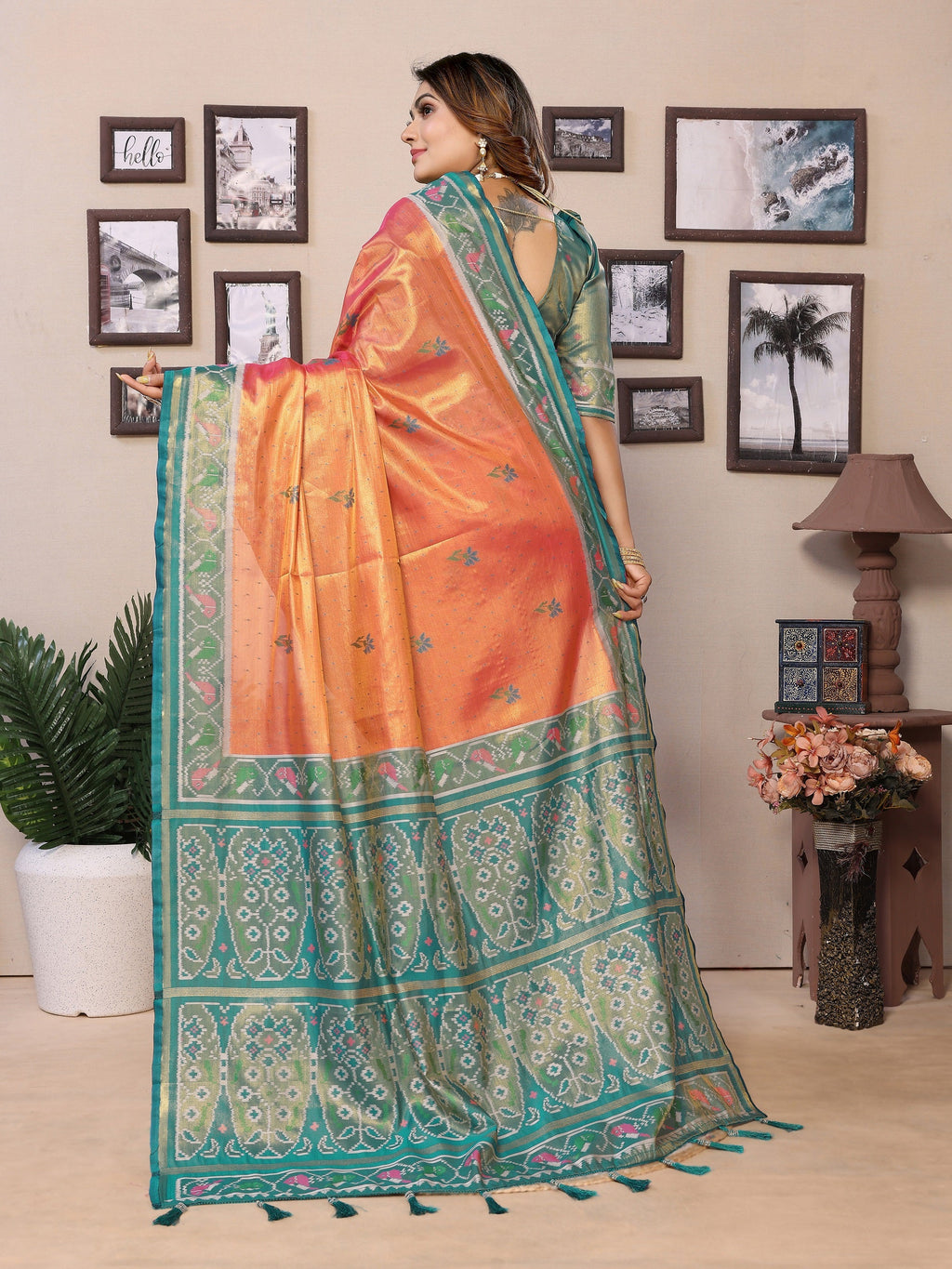 Vedant Vastram Tissue Silk Patola Design Kanjeevaram Silk Saree - Orange | Grocsy