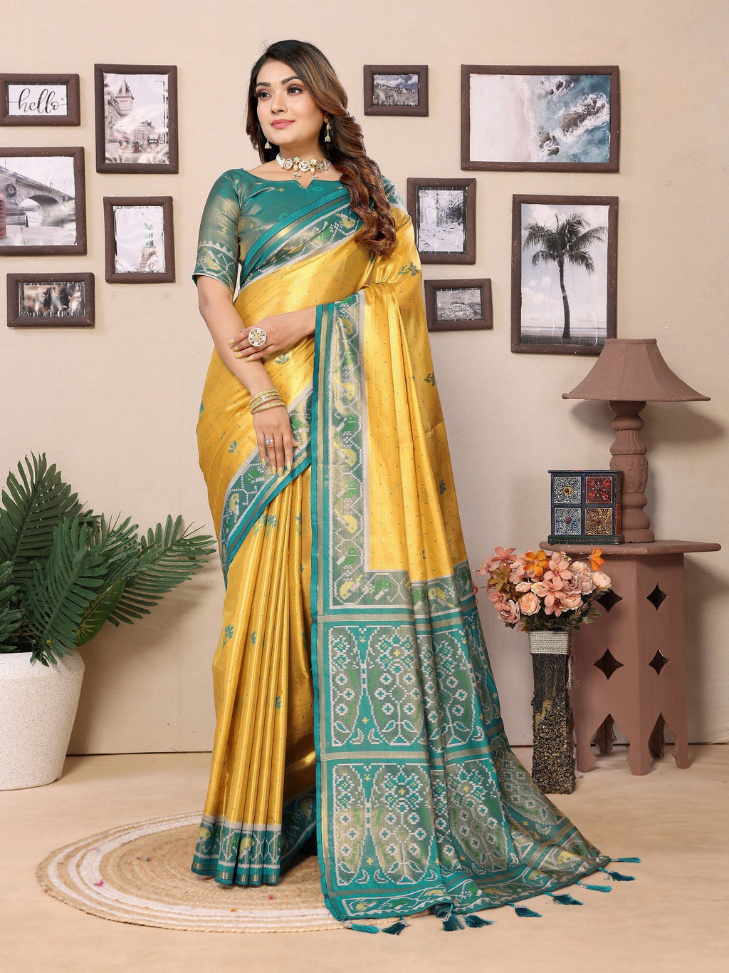 Vedant Vastram Tissue Silk Patola Design Kanjeevaram Silk Saree - Yellow | Grocsy