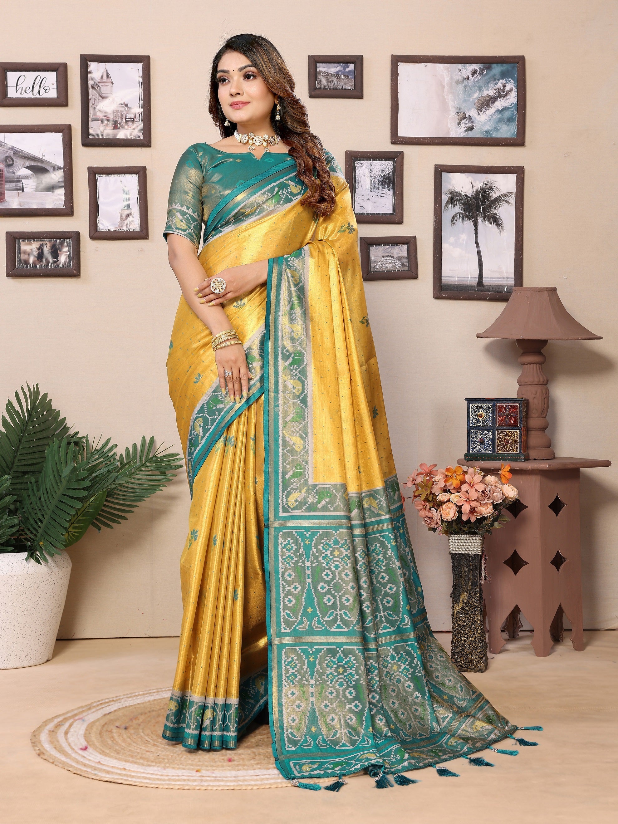 Vedant Vastram Tissue Silk Patola Design Kanjeevaram Silk Saree - Yellow | Grocsy
