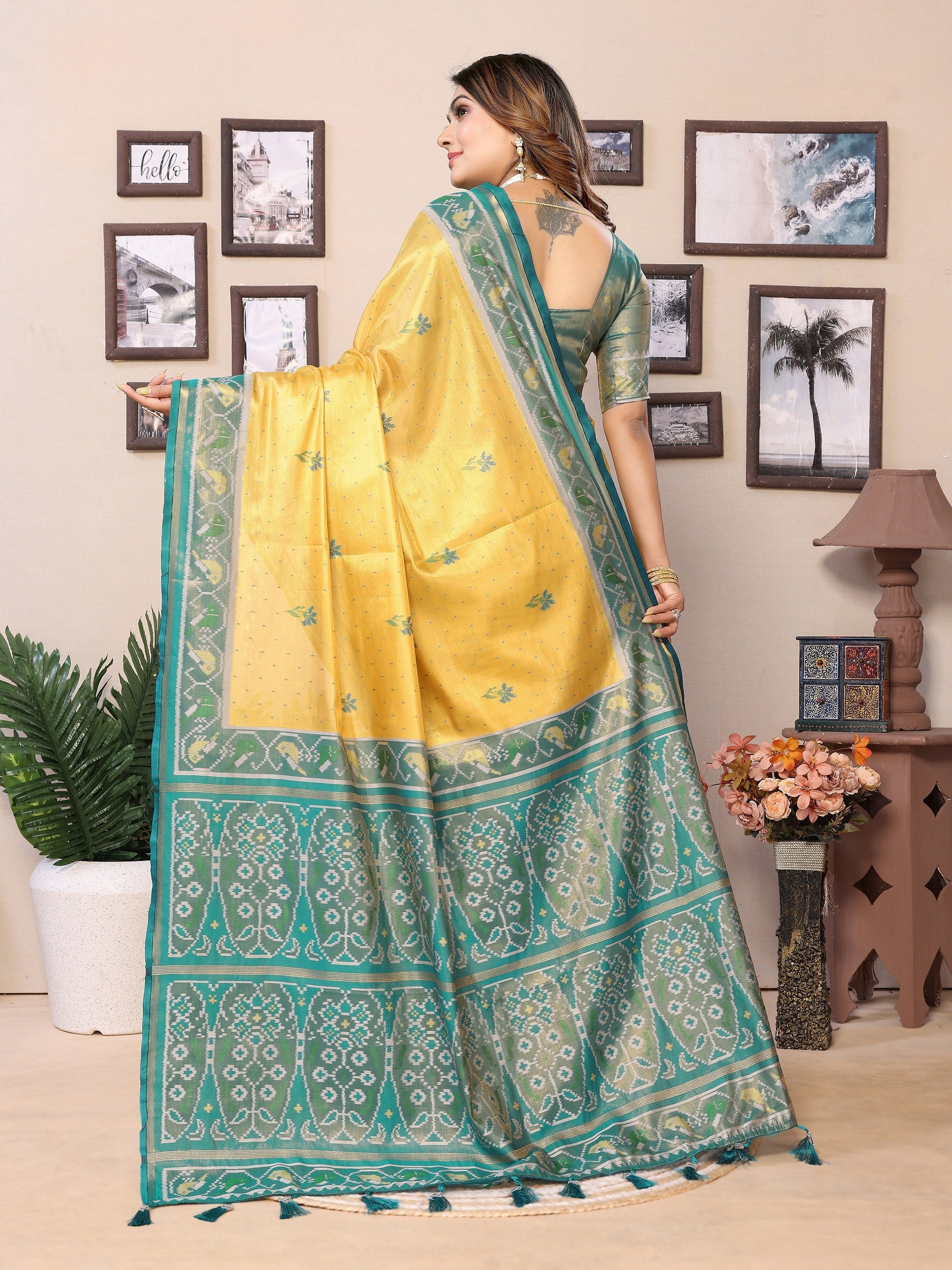Vedant Vastram Tissue Silk Patola Design Kanjeevaram Silk Saree - Yellow | Grocsy