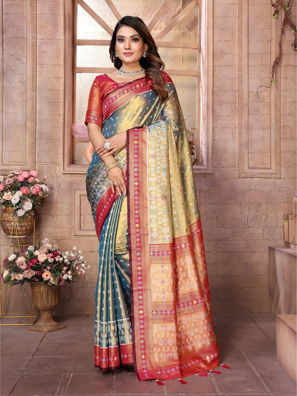 Vedant Vastram Tissue Silk Patola Design Kanjeevaram Silk Saree - Grey | Grocsy