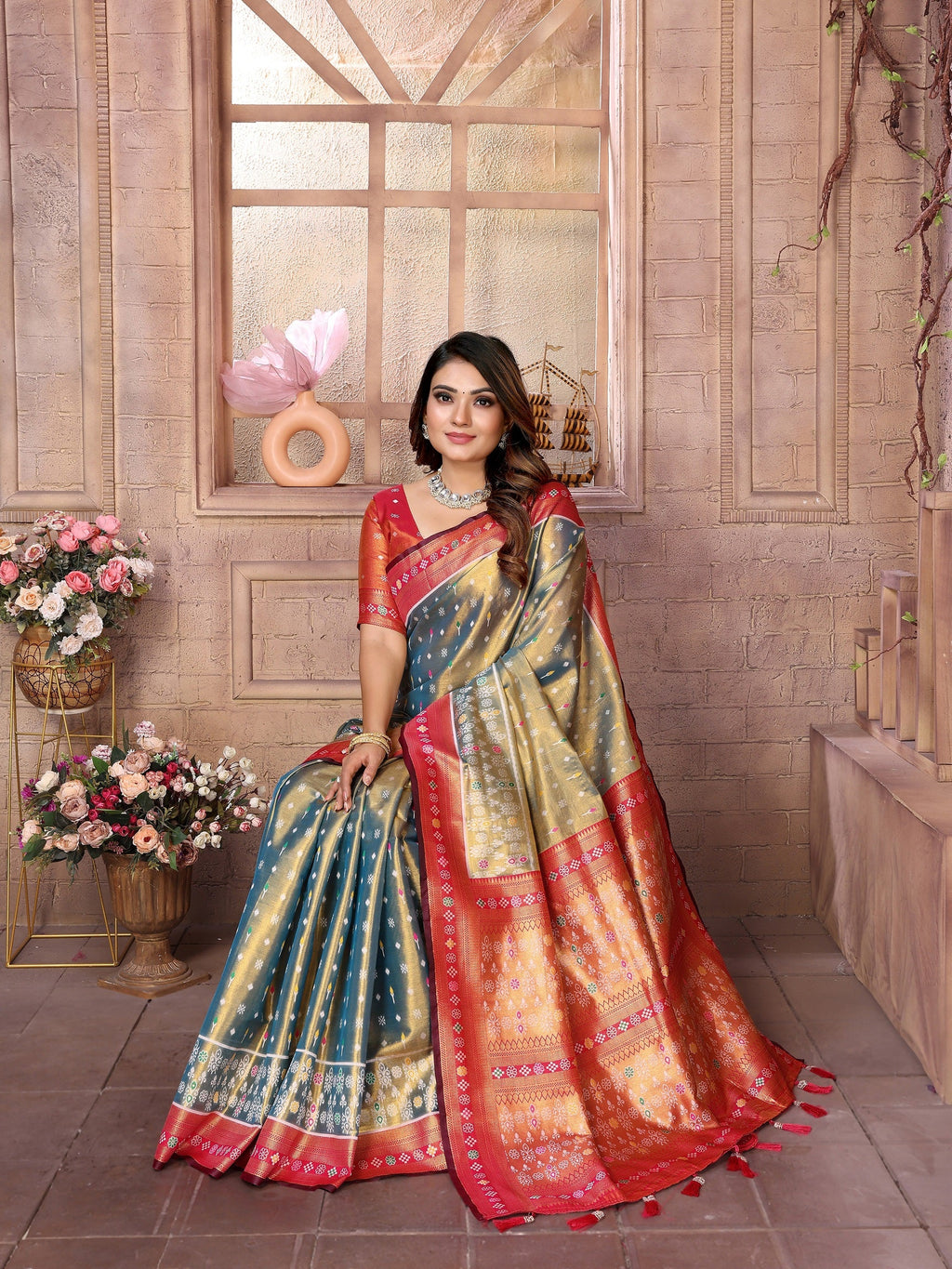 Vedant Vastram Tissue Silk Patola Design Kanjeevaram Silk Saree - Grey | Grocsy