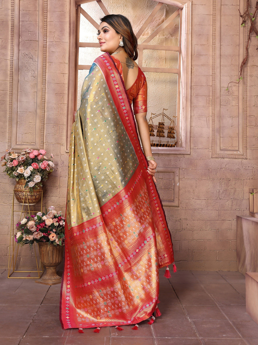 Vedant Vastram Tissue Silk Patola Design Kanjeevaram Silk Saree - Grey | Grocsy